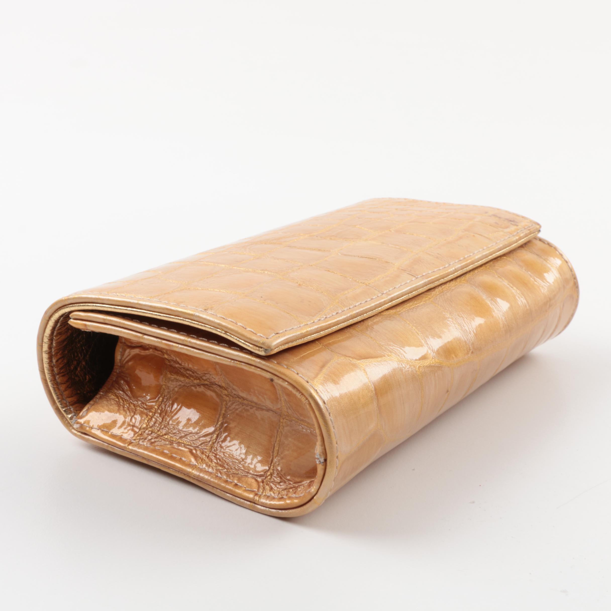 Carlos Falchi Fatto a Mano Alligator Embossed Metallic Gold Leather Clutch Purse