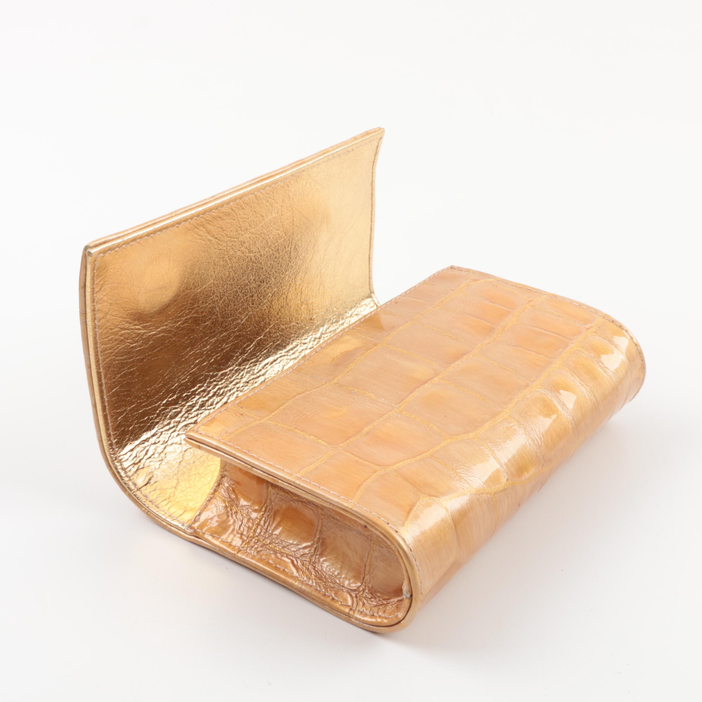 Carlos Falchi Fatto a Mano Alligator Embossed Metallic Gold Leather Clutch Purse