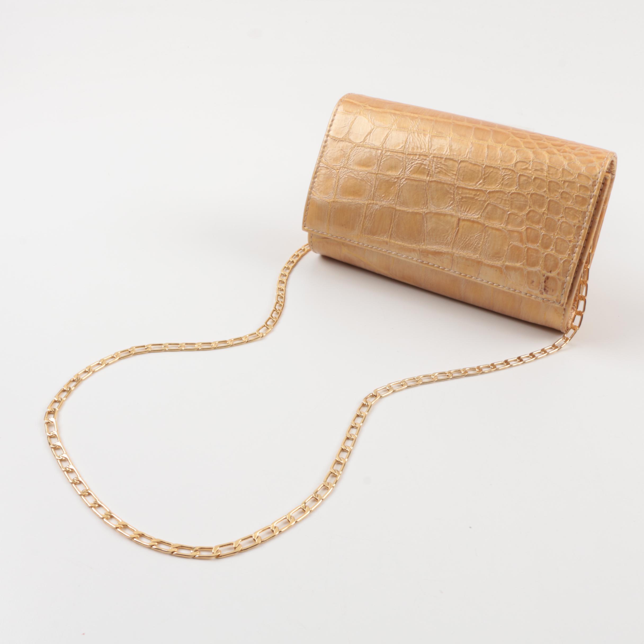 Carlos Falchi Fatto a Mano Alligator Embossed Metallic Gold Leather Clutch Purse