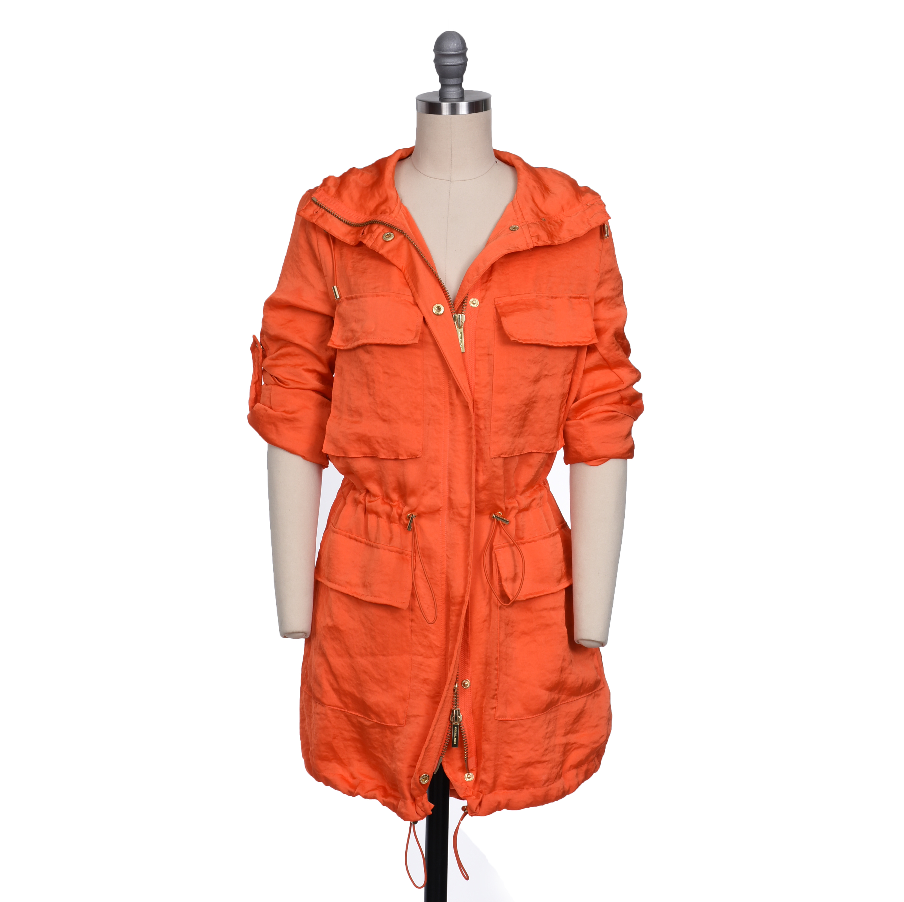 Michael Kors Orange Hooded Anorak Spring Jacket with Cinched Waist