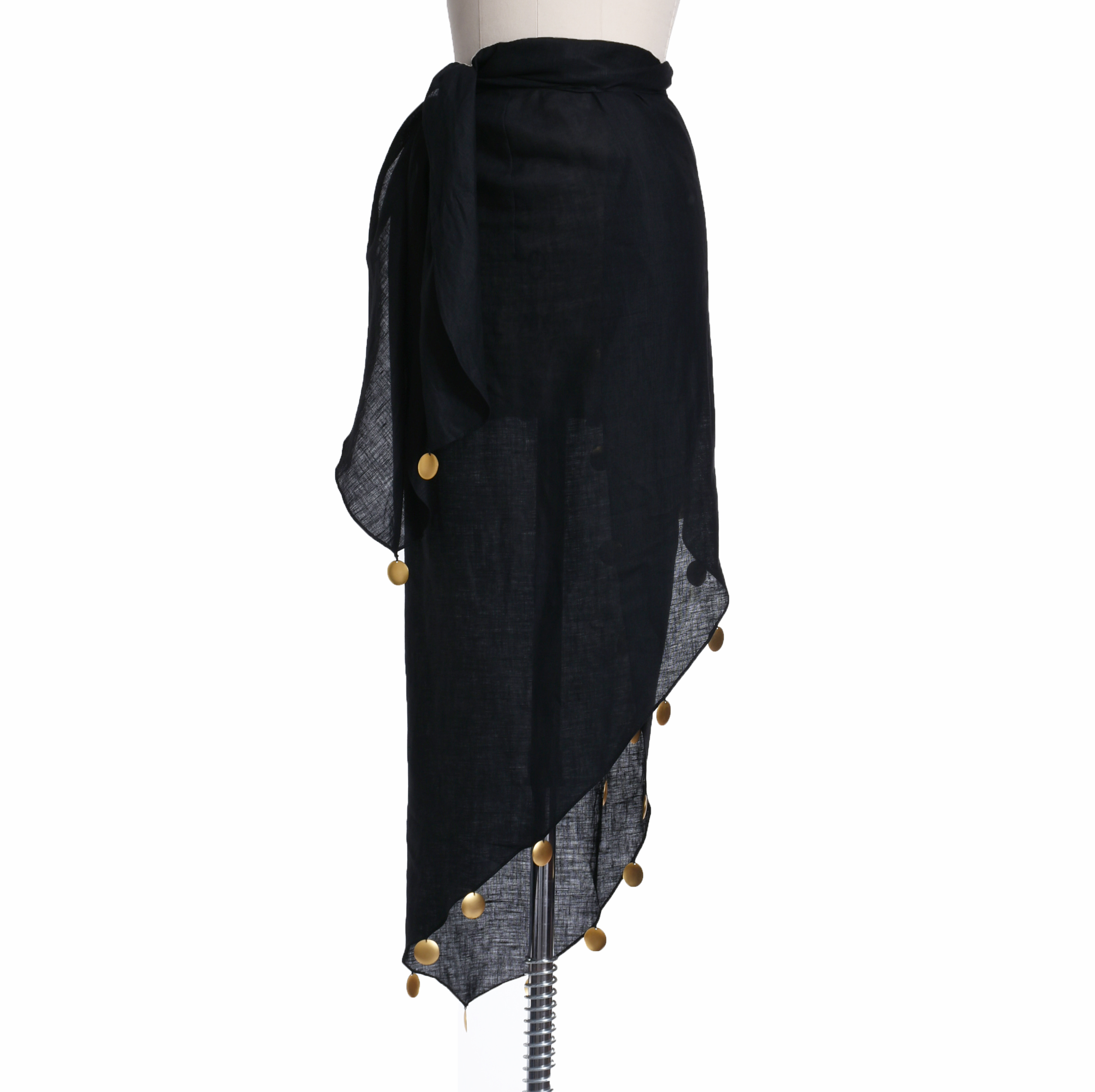 Donna Kara Black Linen Sarong Wrap Skirt with Golden Disc Accents