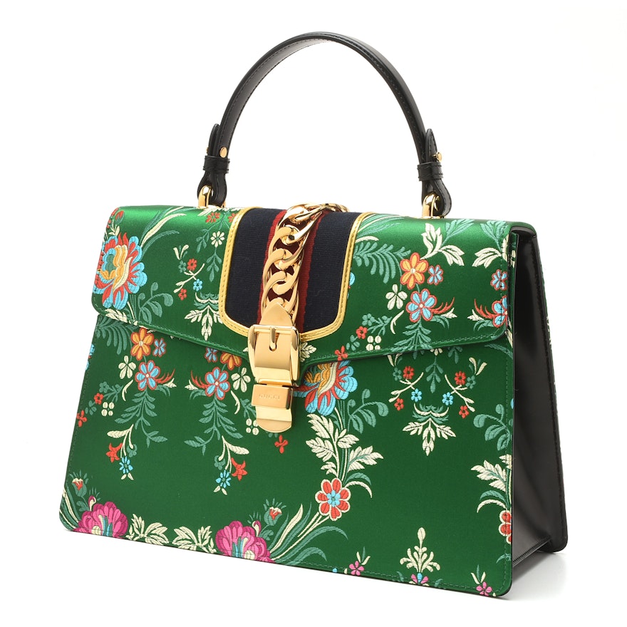 Gucci Sylvie Top-Handle Tokyo Green Multicolored Silk Floral Jacquard Handbag