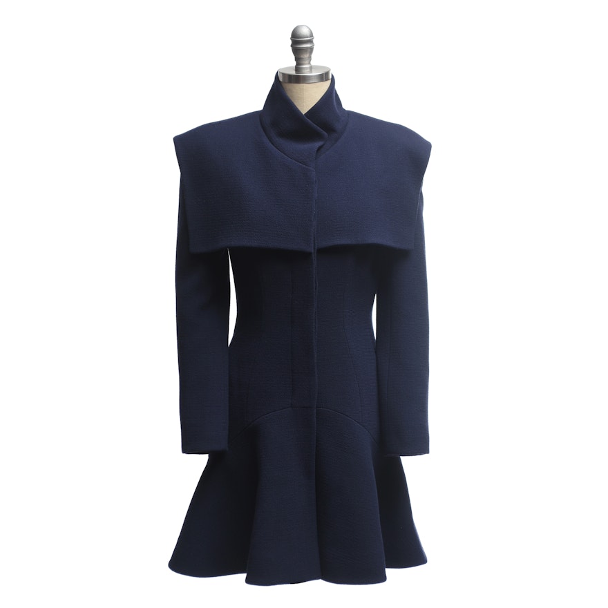 Alexander McQueen Navy Wool Coat with Flounce Hem