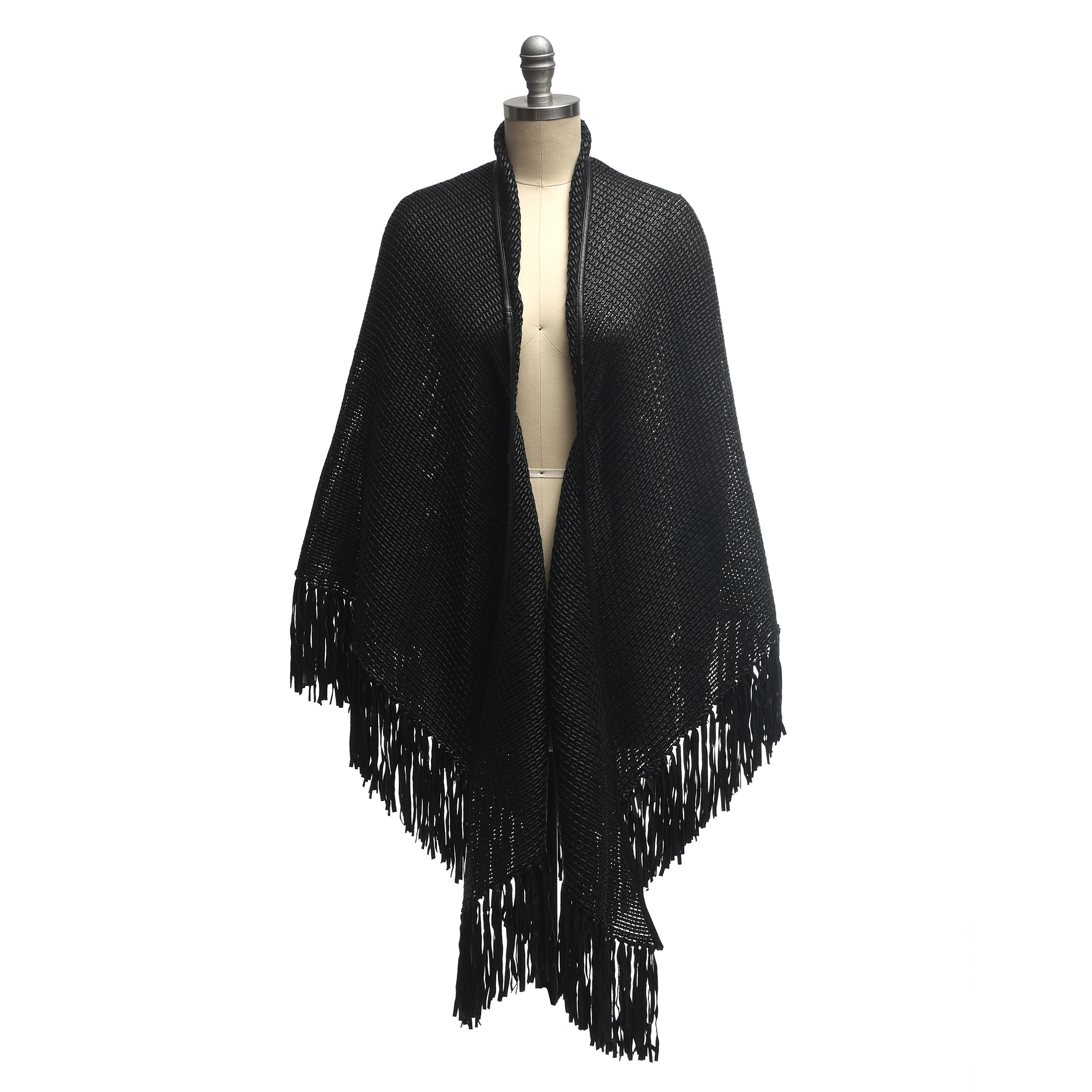 Woven Black Leather Fringed Shawl