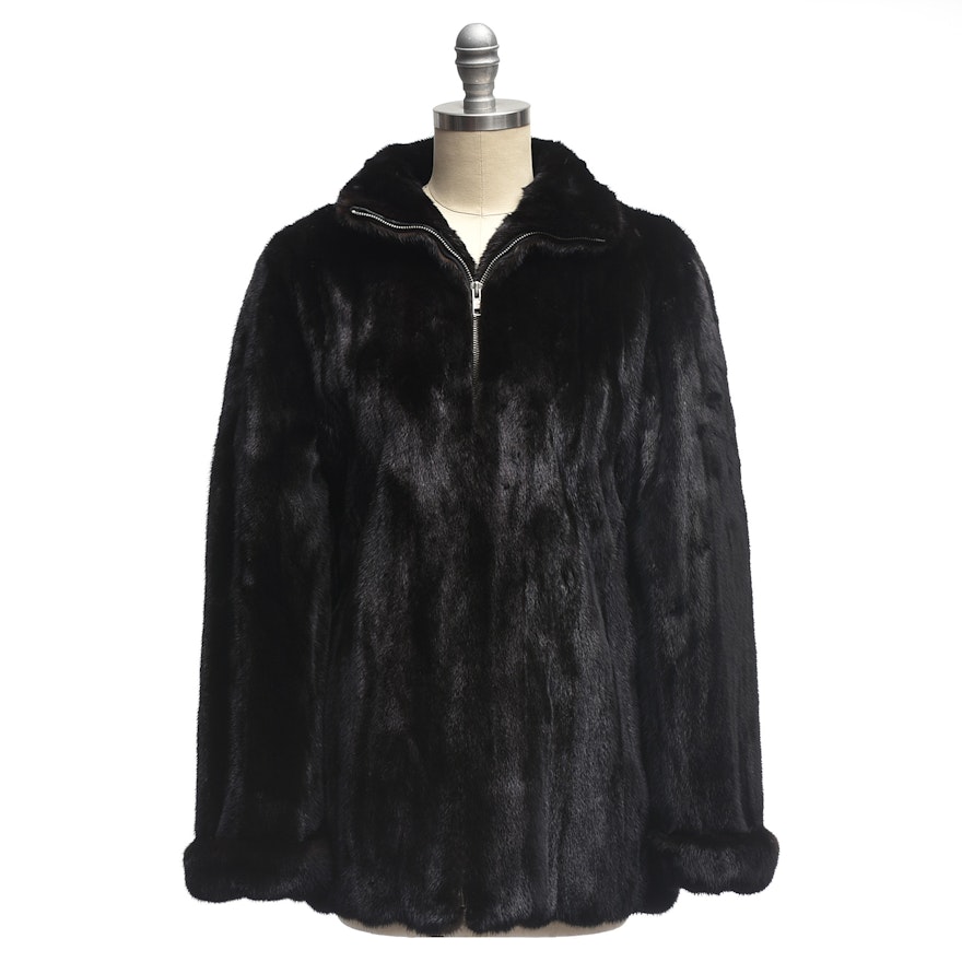 Marc Jacobs Designer Black Mink Fur Zipper-Front Coat