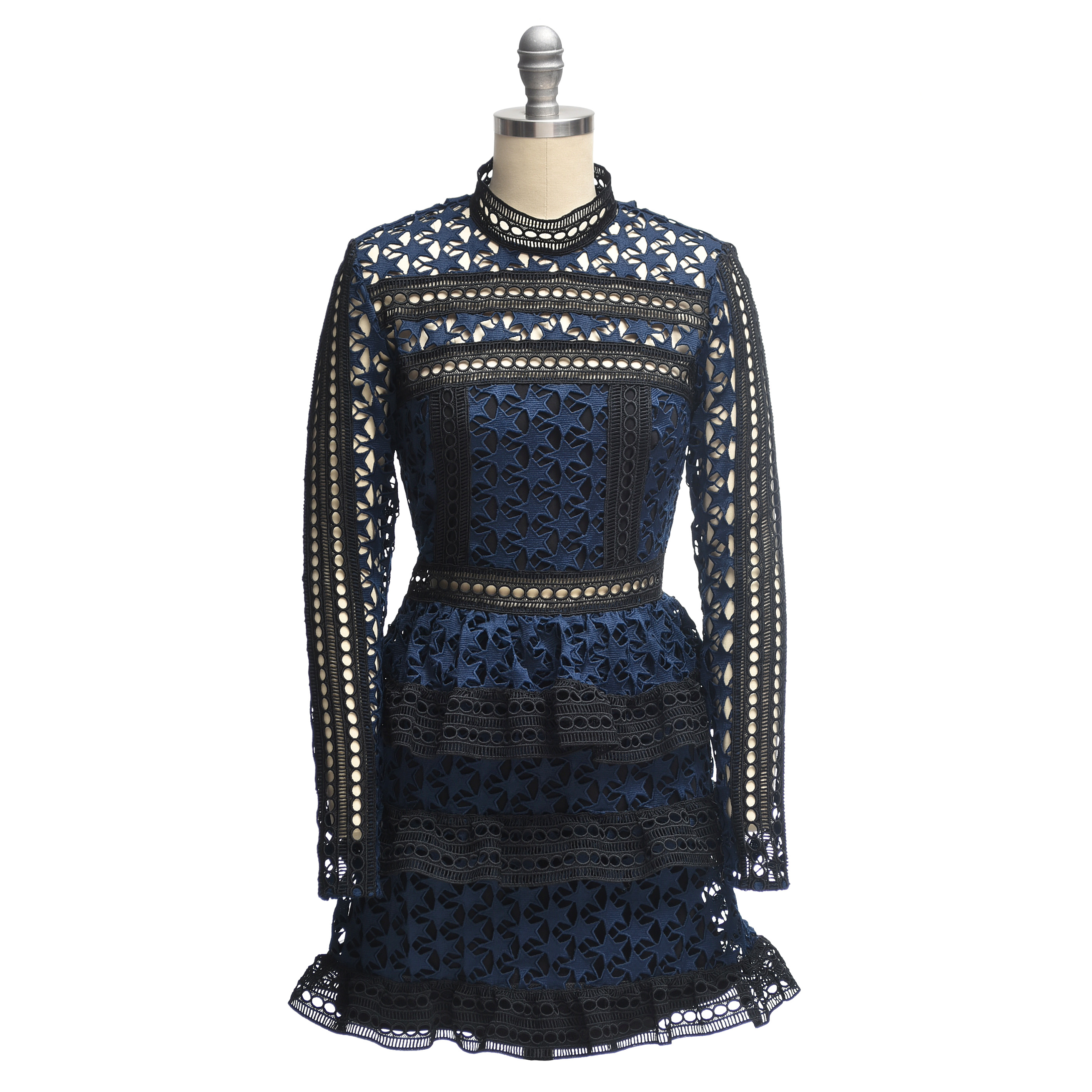 Self Portrait Navy Blue Star Lace Paneled Dress