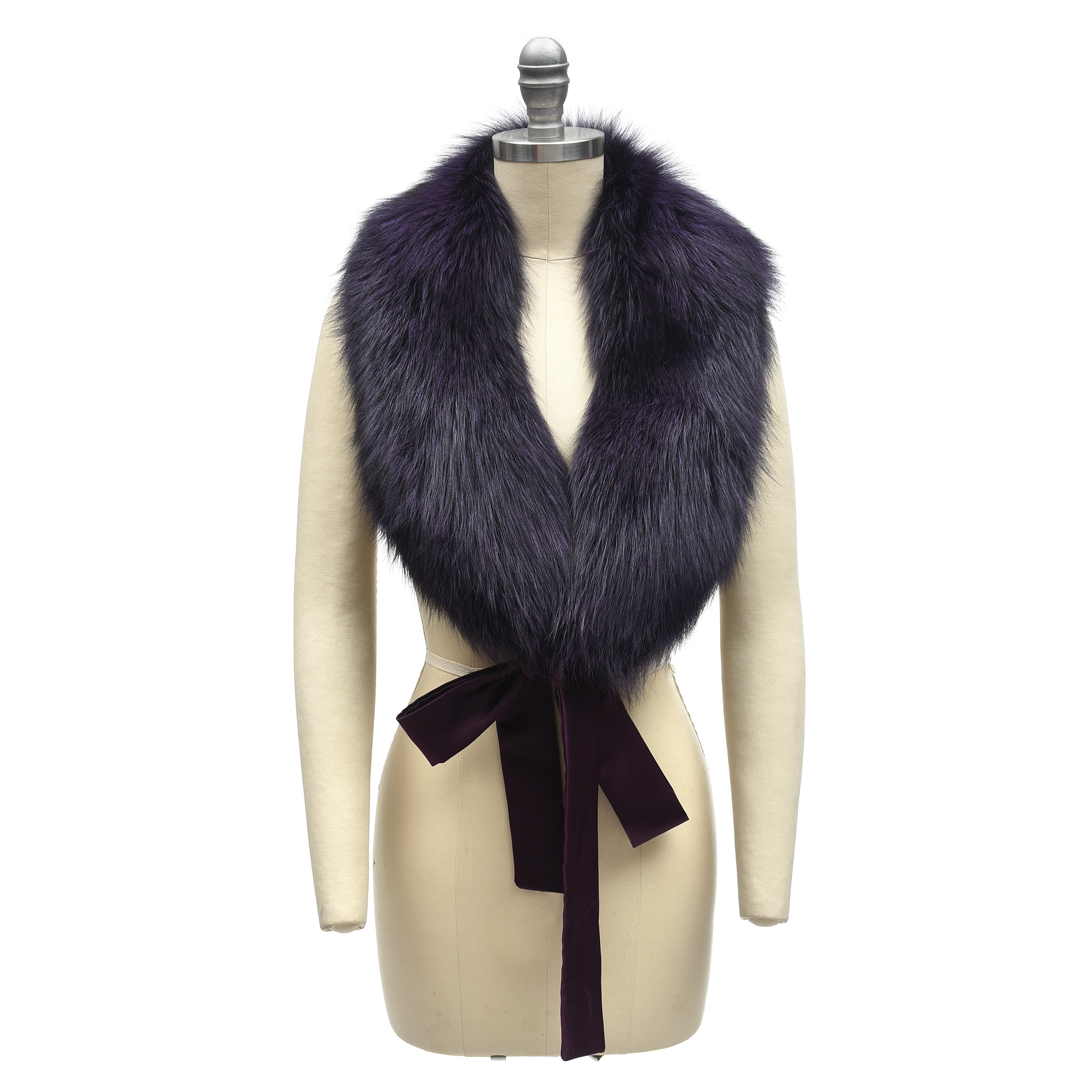 Adrienne Landau Deep Plum Dyed Fox Fur Shawl Collar with Satin Ties