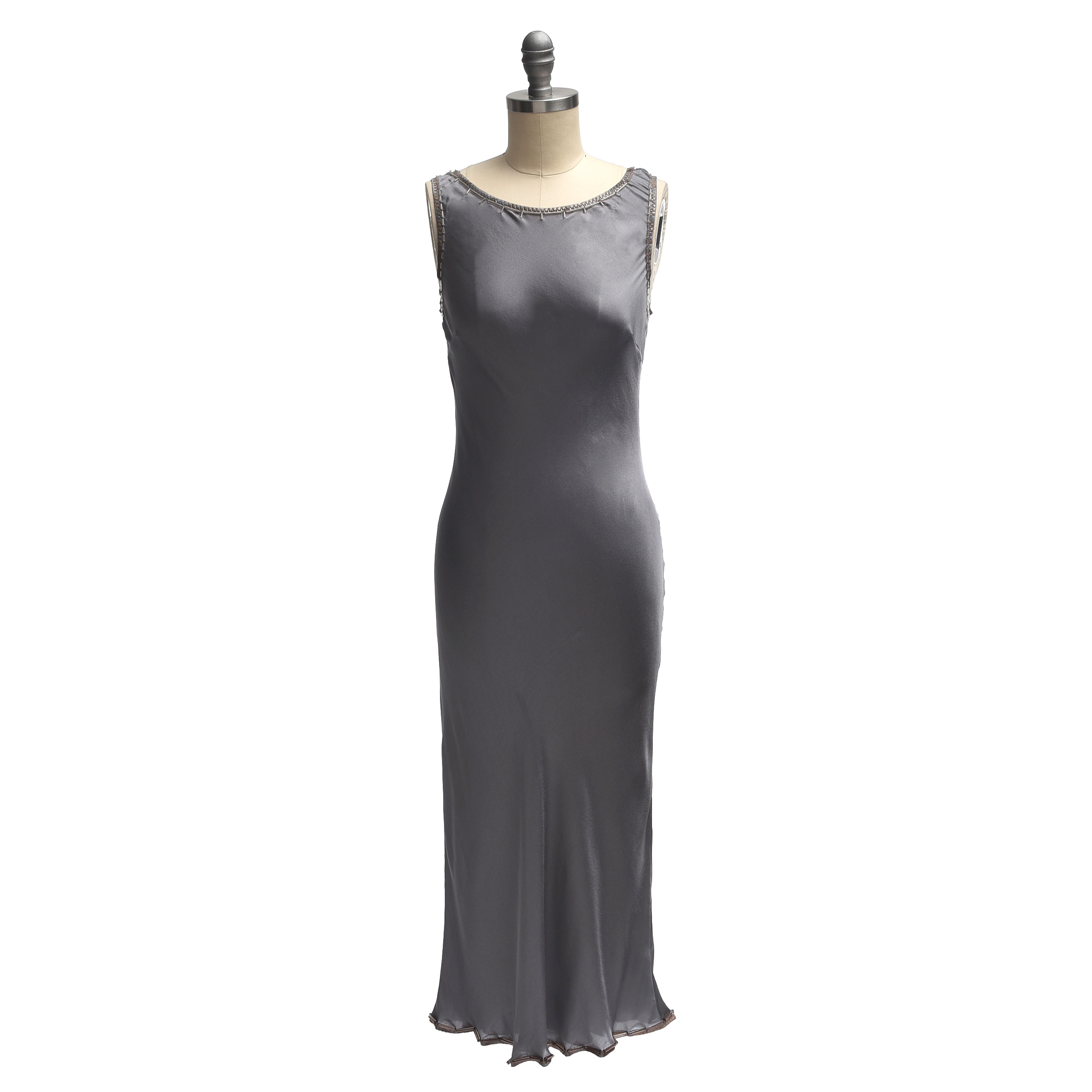 Prada Gray Silk Fit and Flare Sleeveless Dress Embellished with Glass Beads