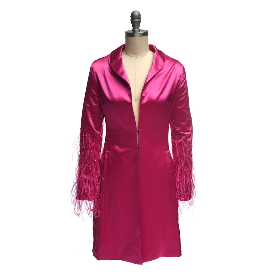 Escada Fuchsia Silk Dress Coat with Ostrich Feathers And Beading