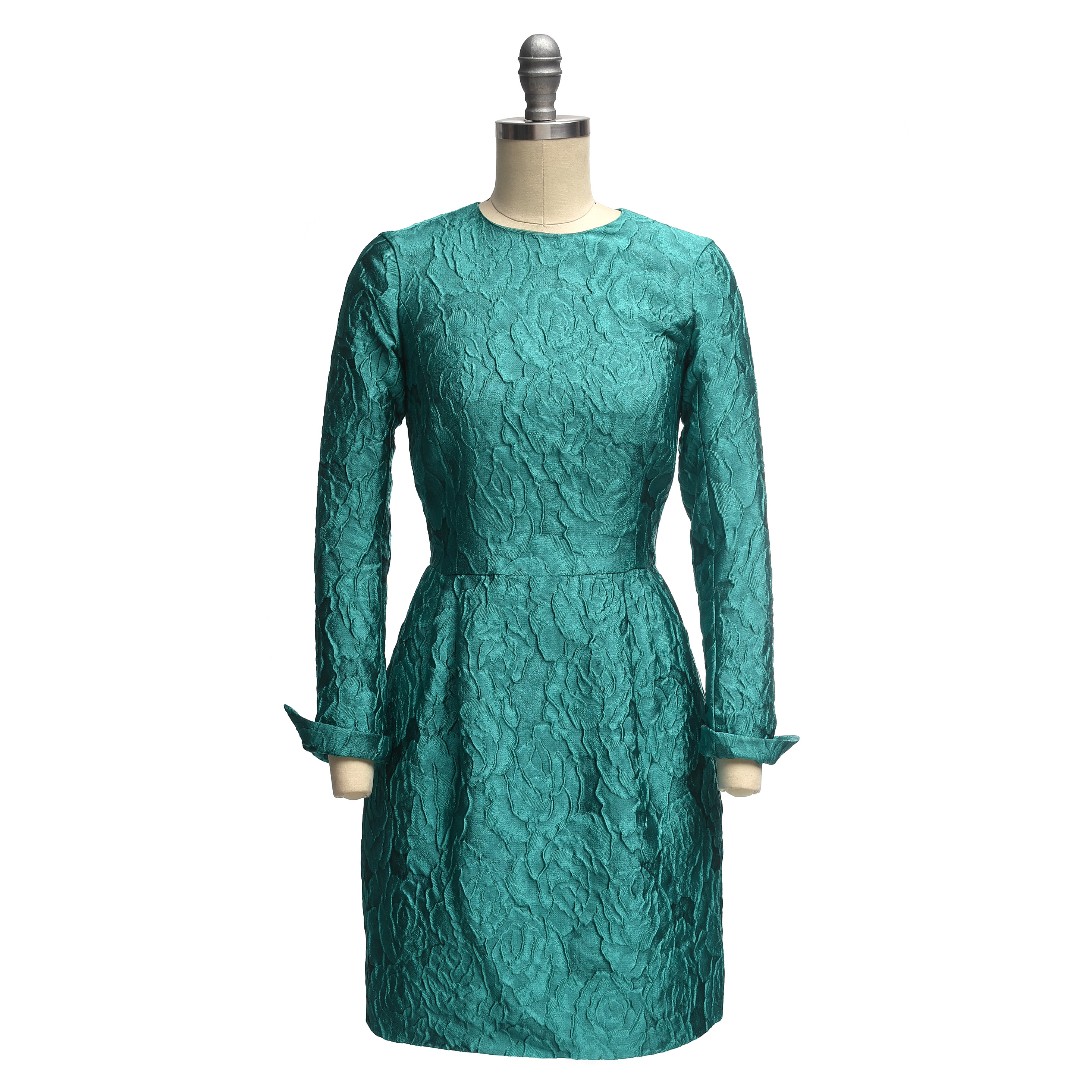 Carolina Herrera Turquoise Long Sleeve Mini Dress in a Textured Rose Motif