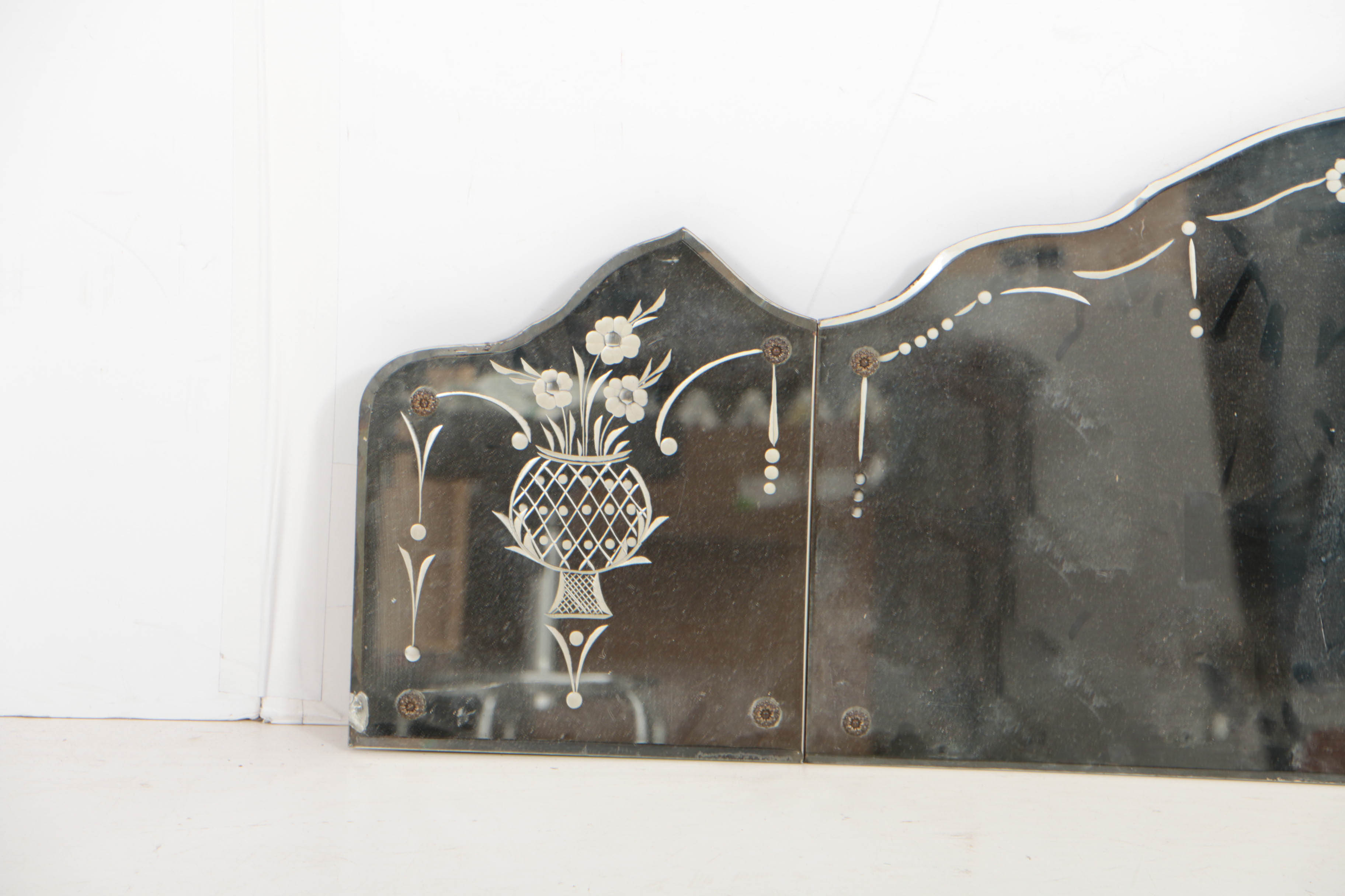 Floral-Etched Overmantel Mirror by Nurre Mirror Plate Co., 20th Century