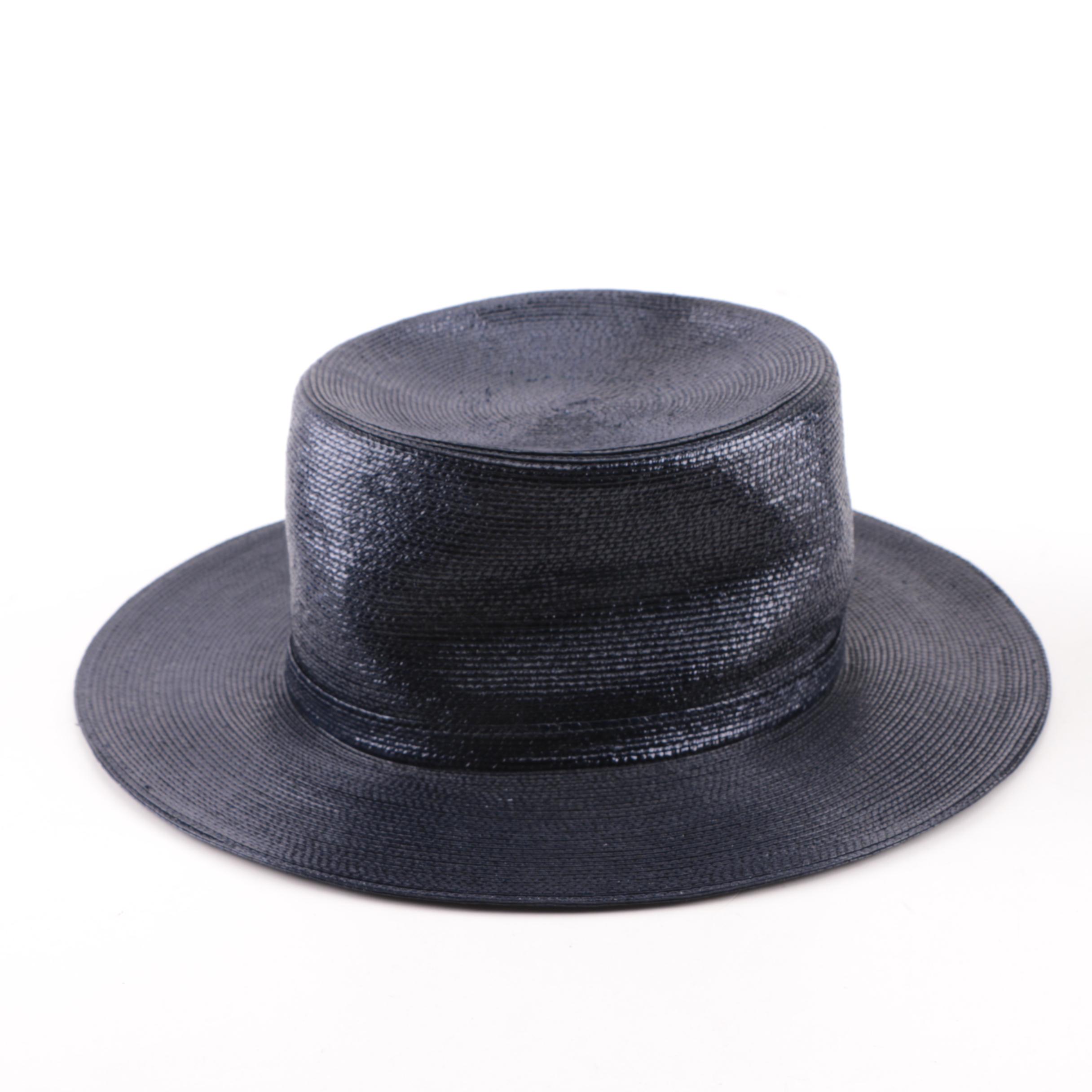 Women's 1960s Vintage Neiman Marcus Navy Blue Woven Straw Wide Brim Hat