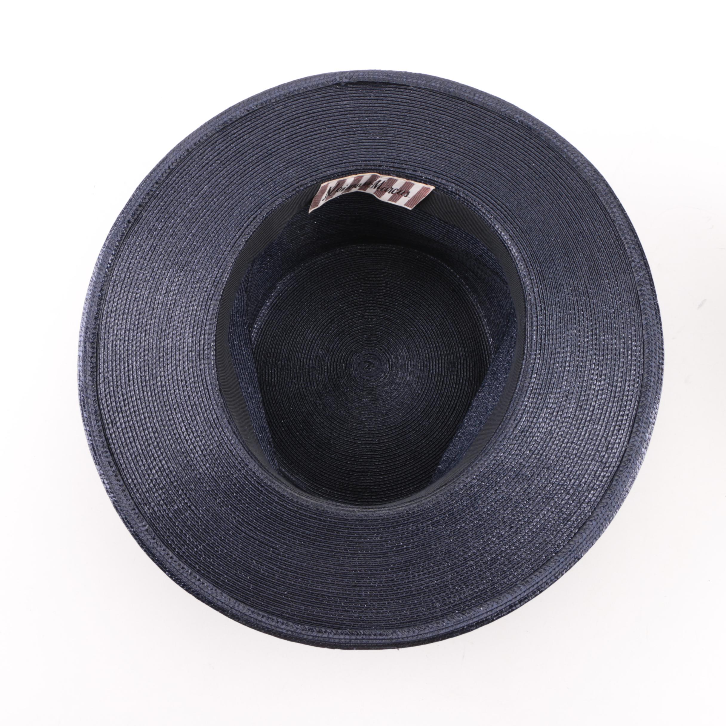 Women's 1960s Vintage Neiman Marcus Navy Blue Woven Straw Wide Brim Hat