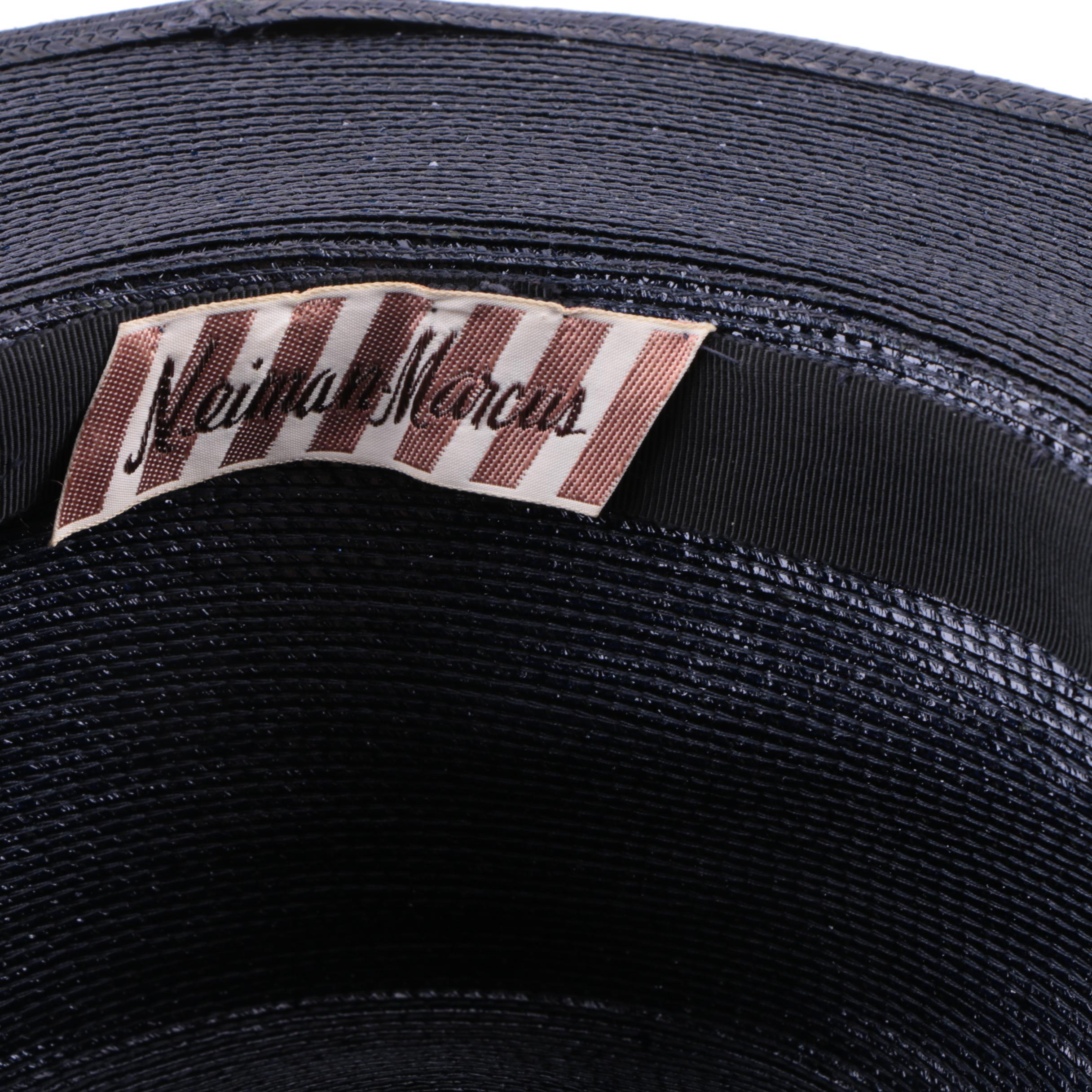 Women's 1960s Vintage Neiman Marcus Navy Blue Woven Straw Wide Brim Hat