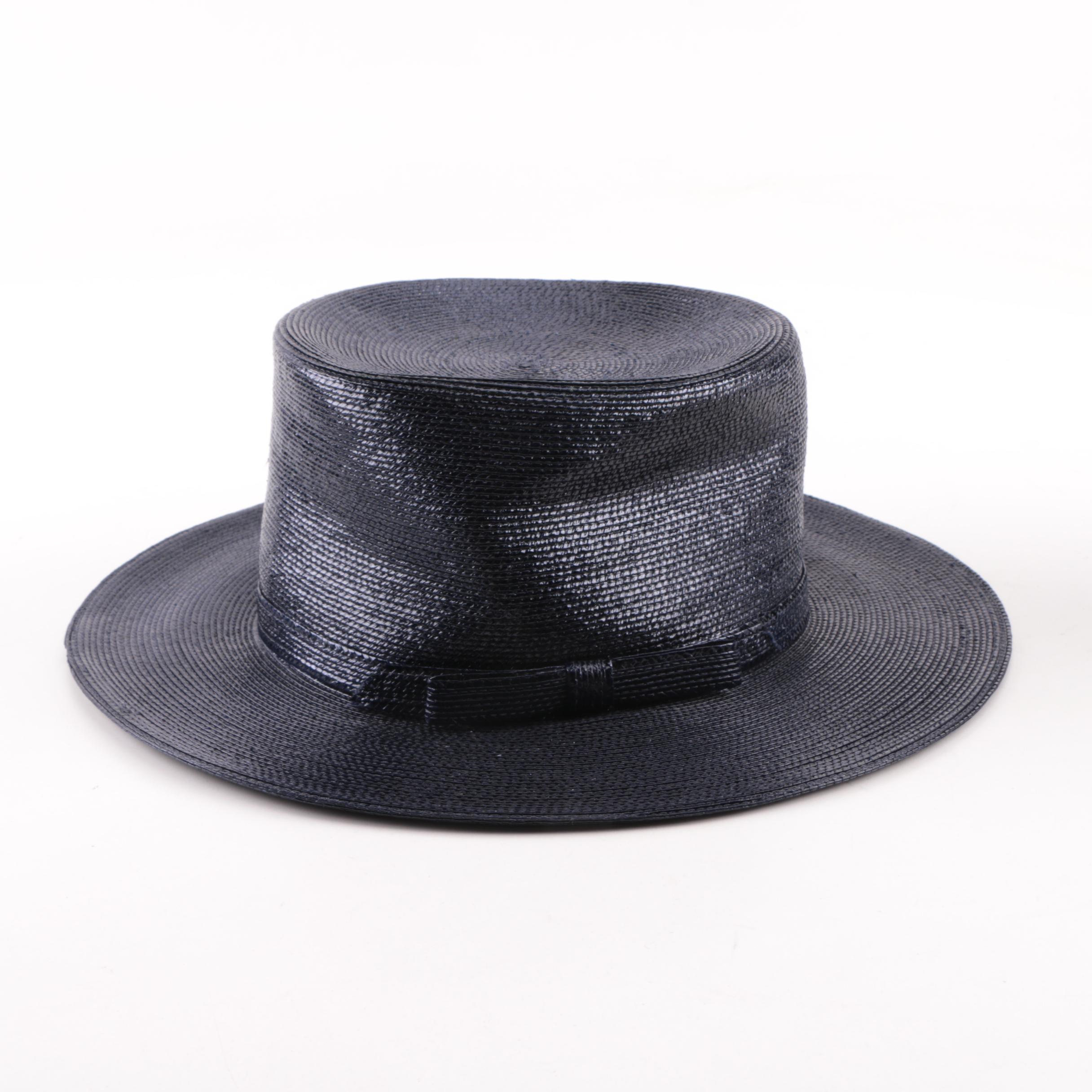 Women's 1960s Vintage Neiman Marcus Navy Blue Woven Straw Wide Brim Hat