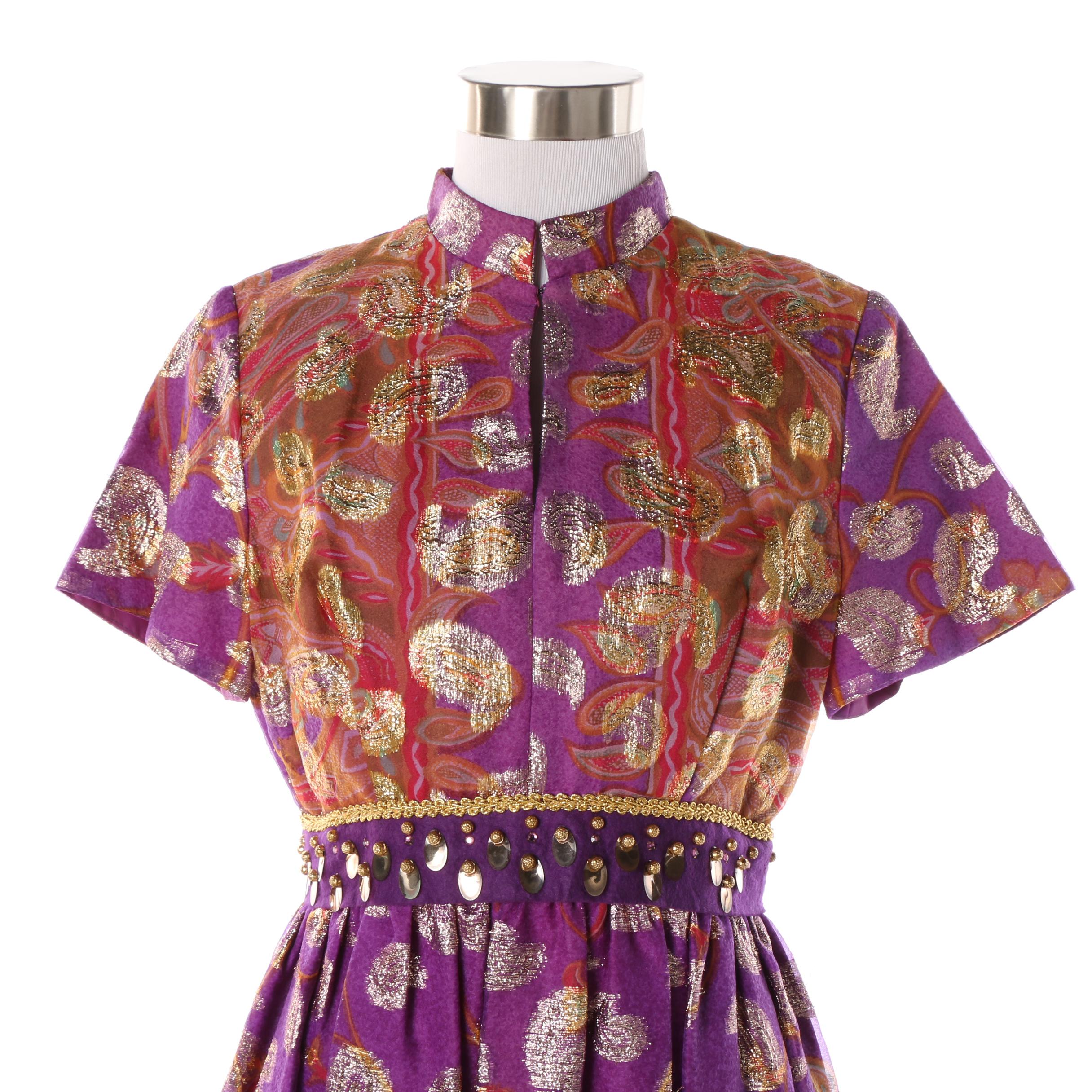 Late 1960s Vintage Sandine Originals Purple and Metallic Gold Maxi Dress