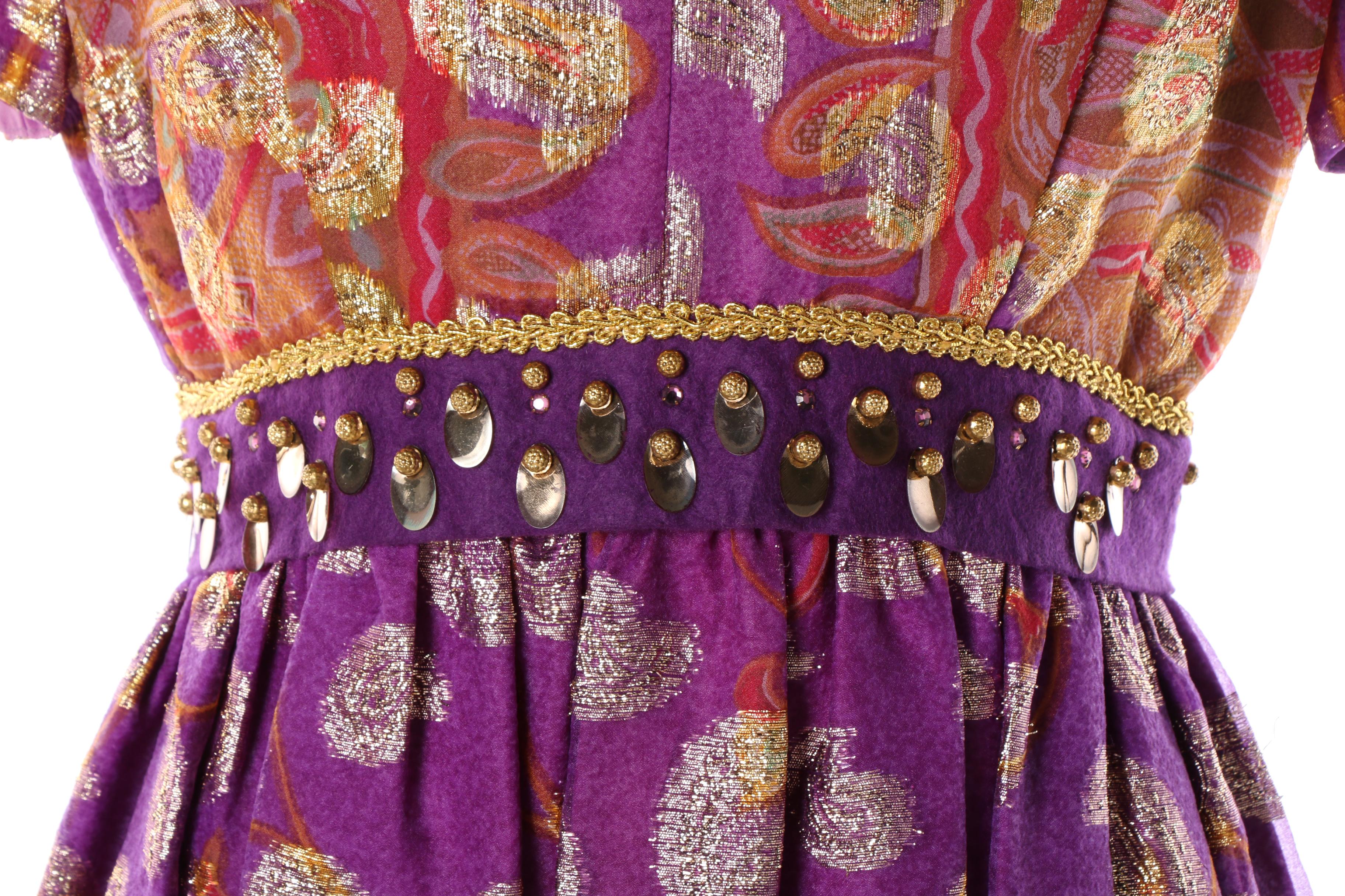 Late 1960s Vintage Sandine Originals Purple and Metallic Gold Maxi Dress