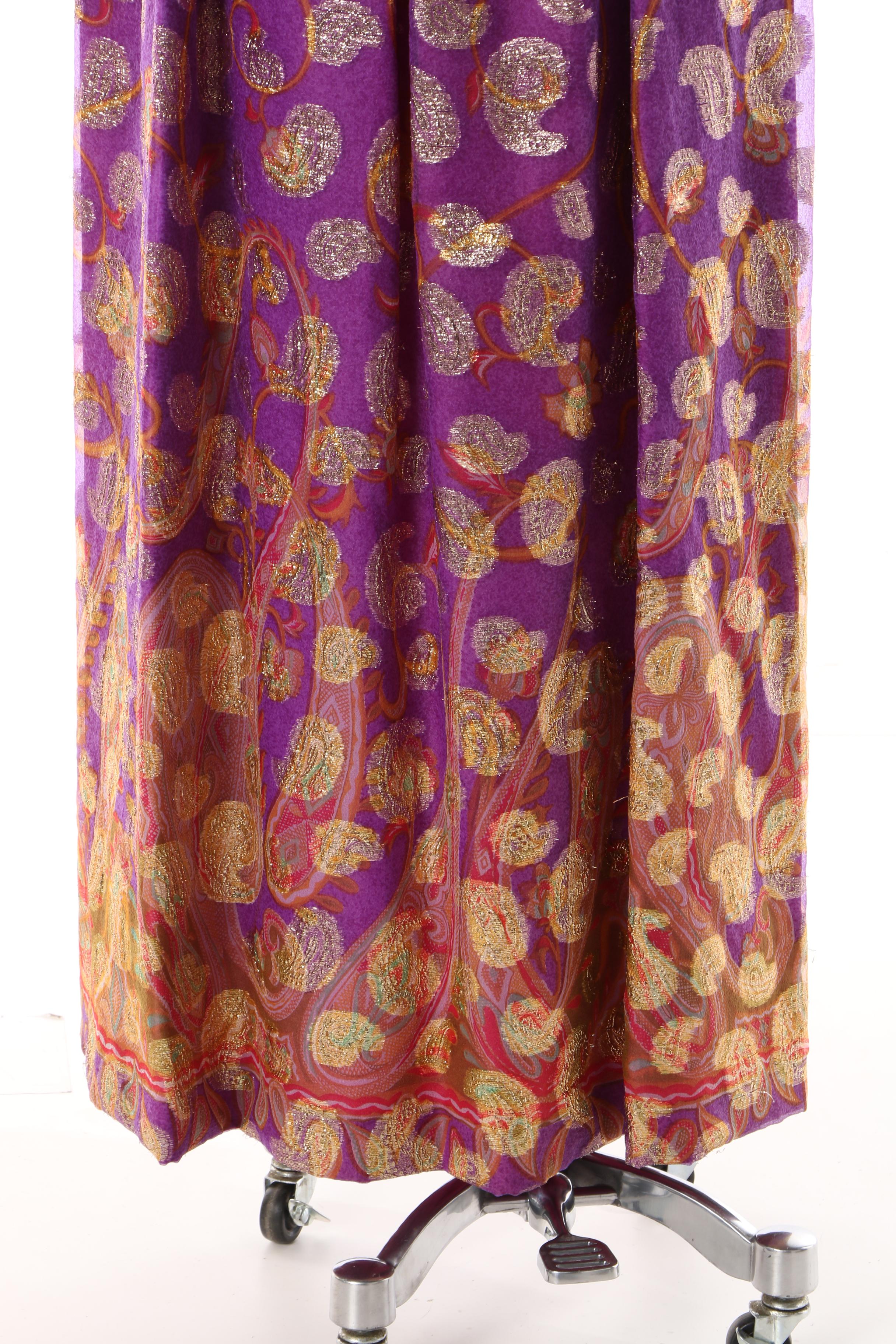 Late 1960s Vintage Sandine Originals Purple and Metallic Gold Maxi Dress