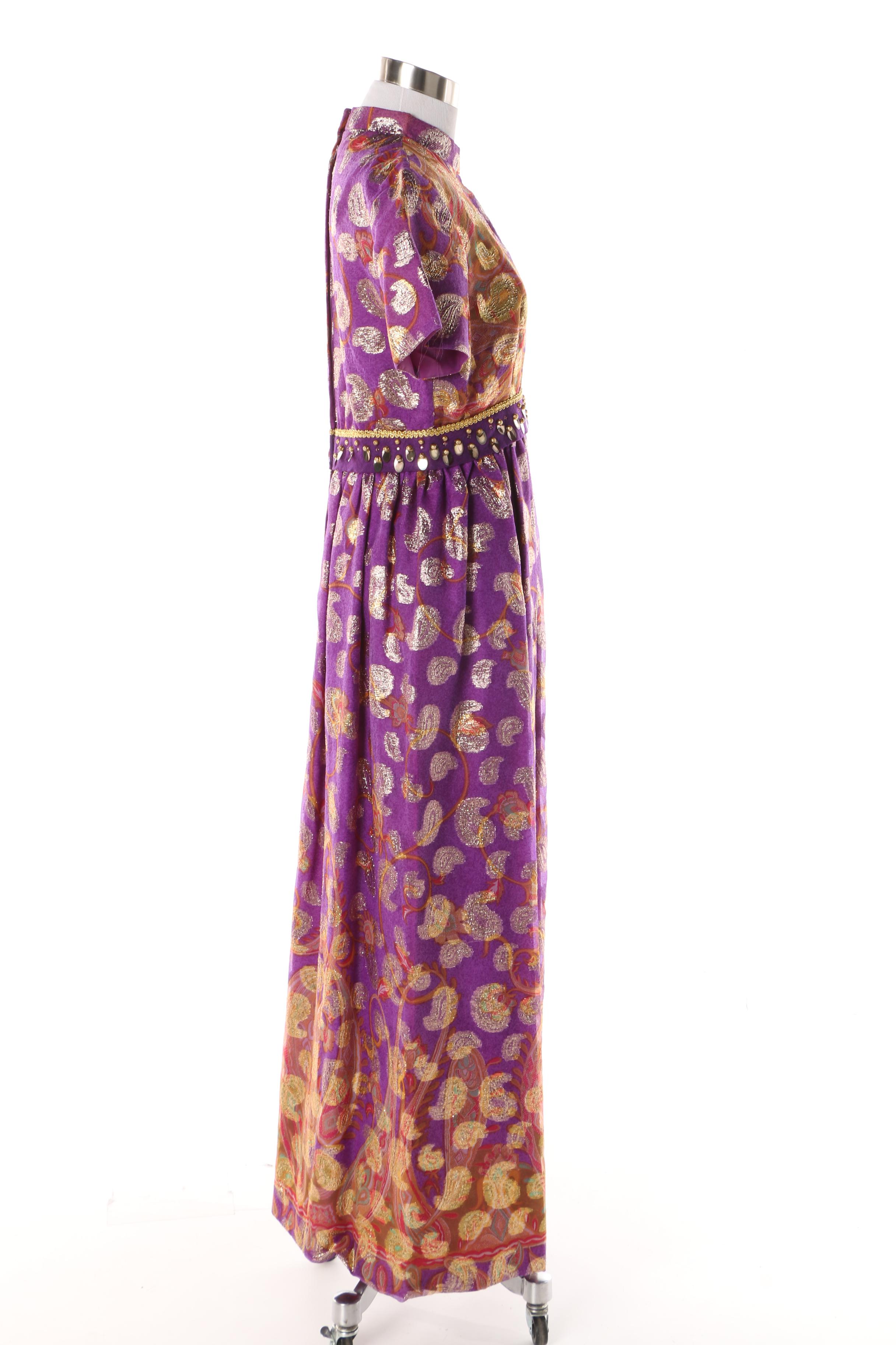 Late 1960s Vintage Sandine Originals Purple and Metallic Gold Maxi Dress
