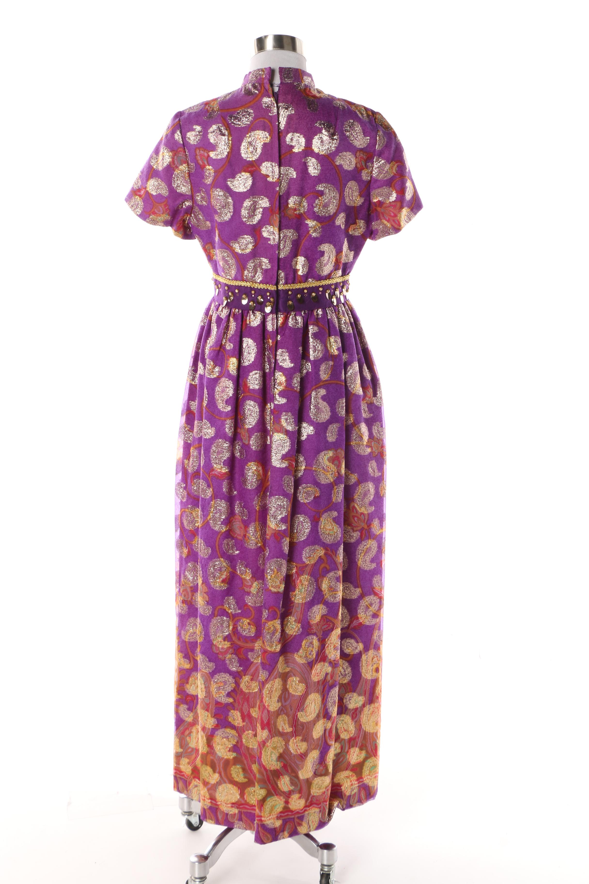 Late 1960s Vintage Sandine Originals Purple and Metallic Gold Maxi Dress
