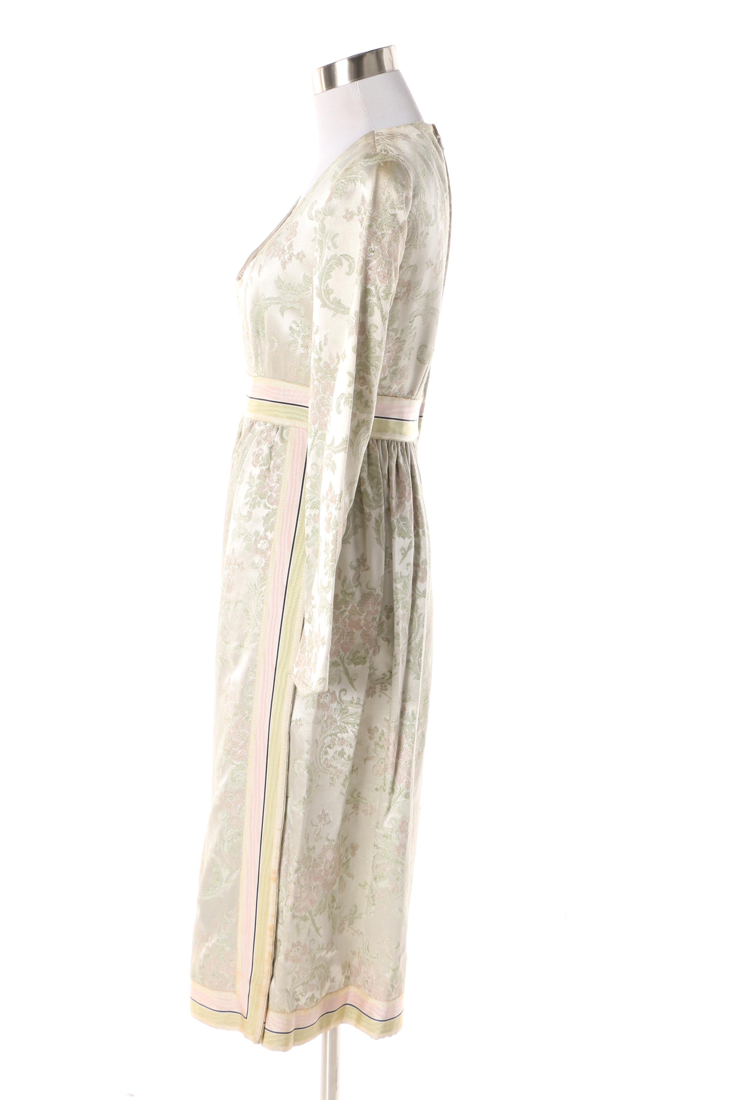 1960s Joseph Magnin Silver, Green and Pink Brocade Evening Dress