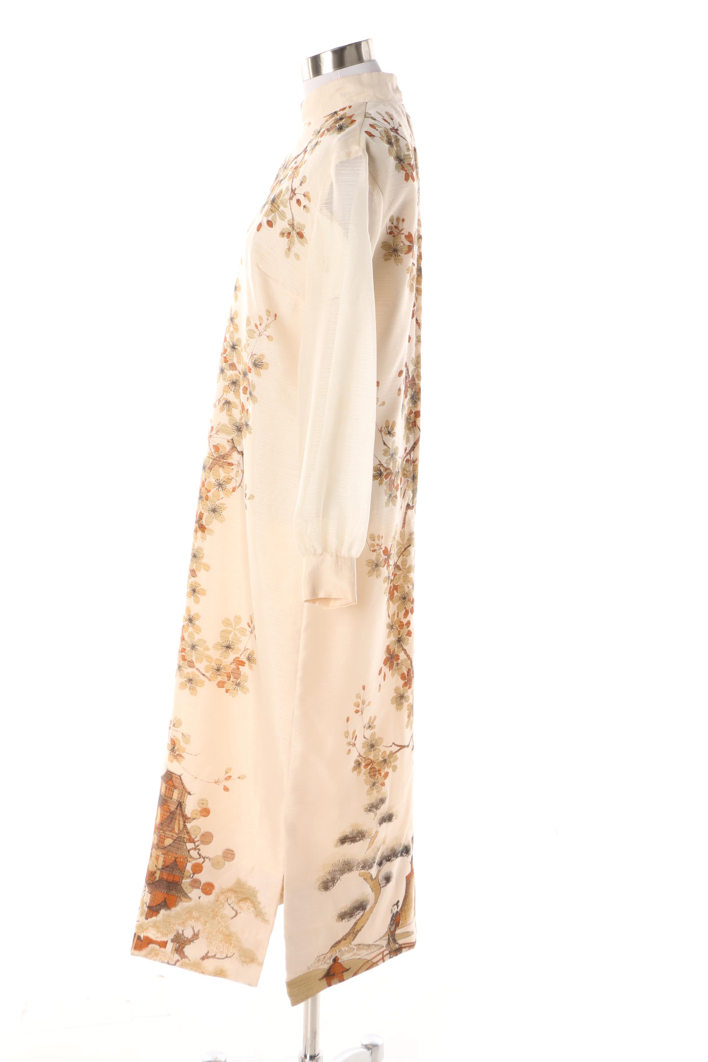 Women's 1960s Vintage Alfred Shaheen Asian Inspired Cream Maxi Dress