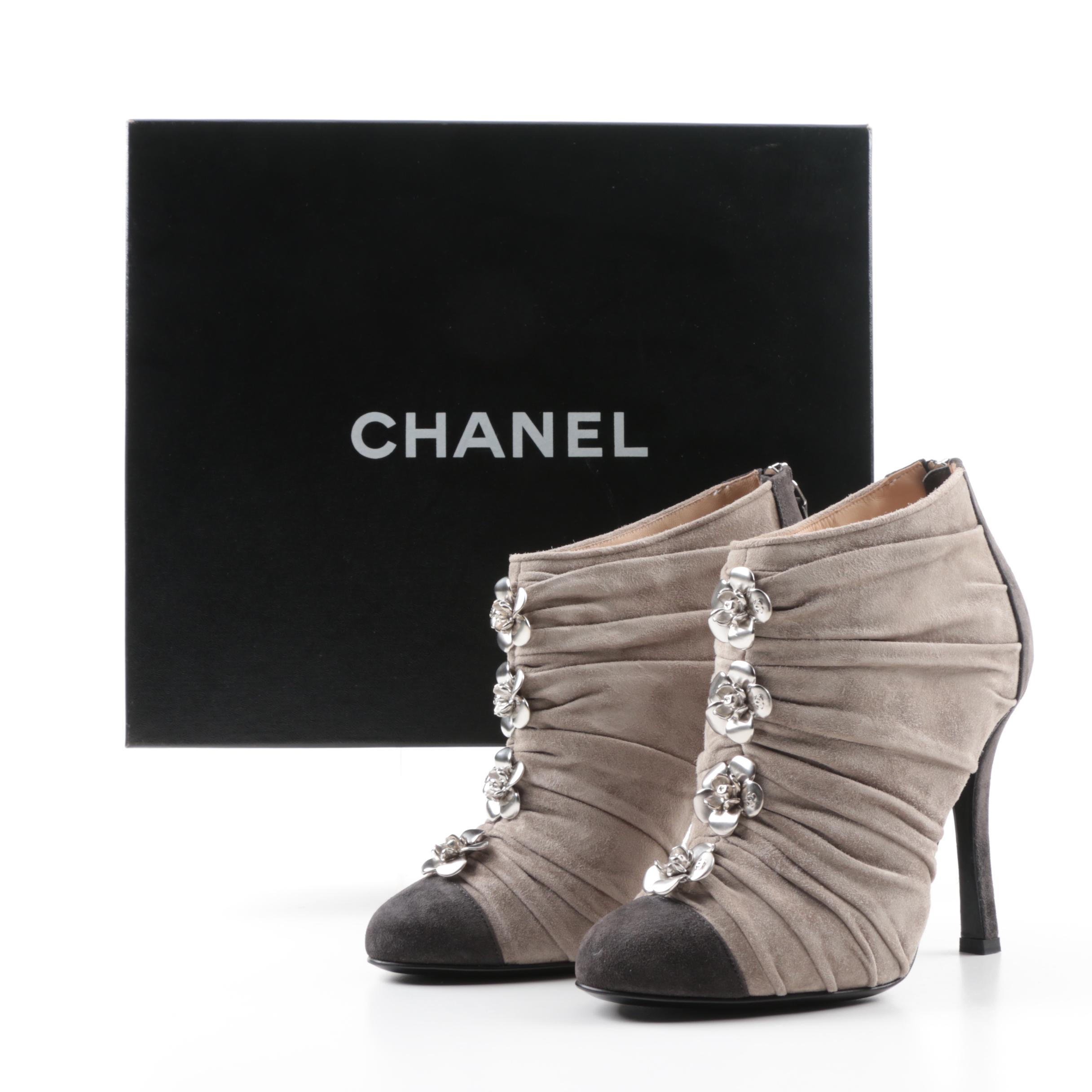 Chanel Ruched Gray Suede Cap Toe High-Heeled Booties with Camellia Buttons