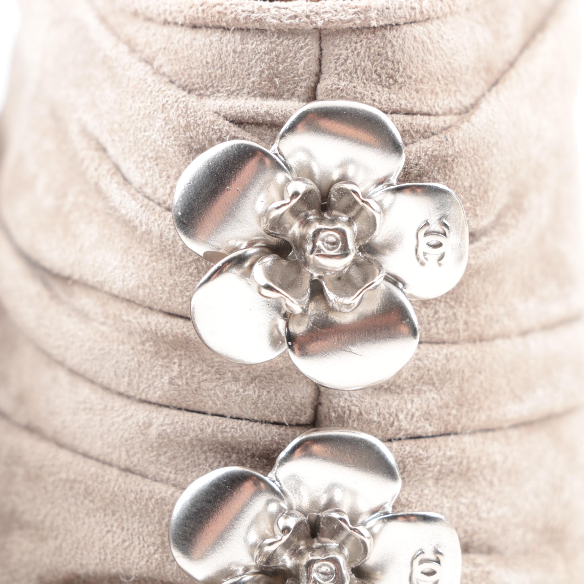 Chanel Ruched Gray Suede Cap Toe High-Heeled Booties with Camellia Buttons