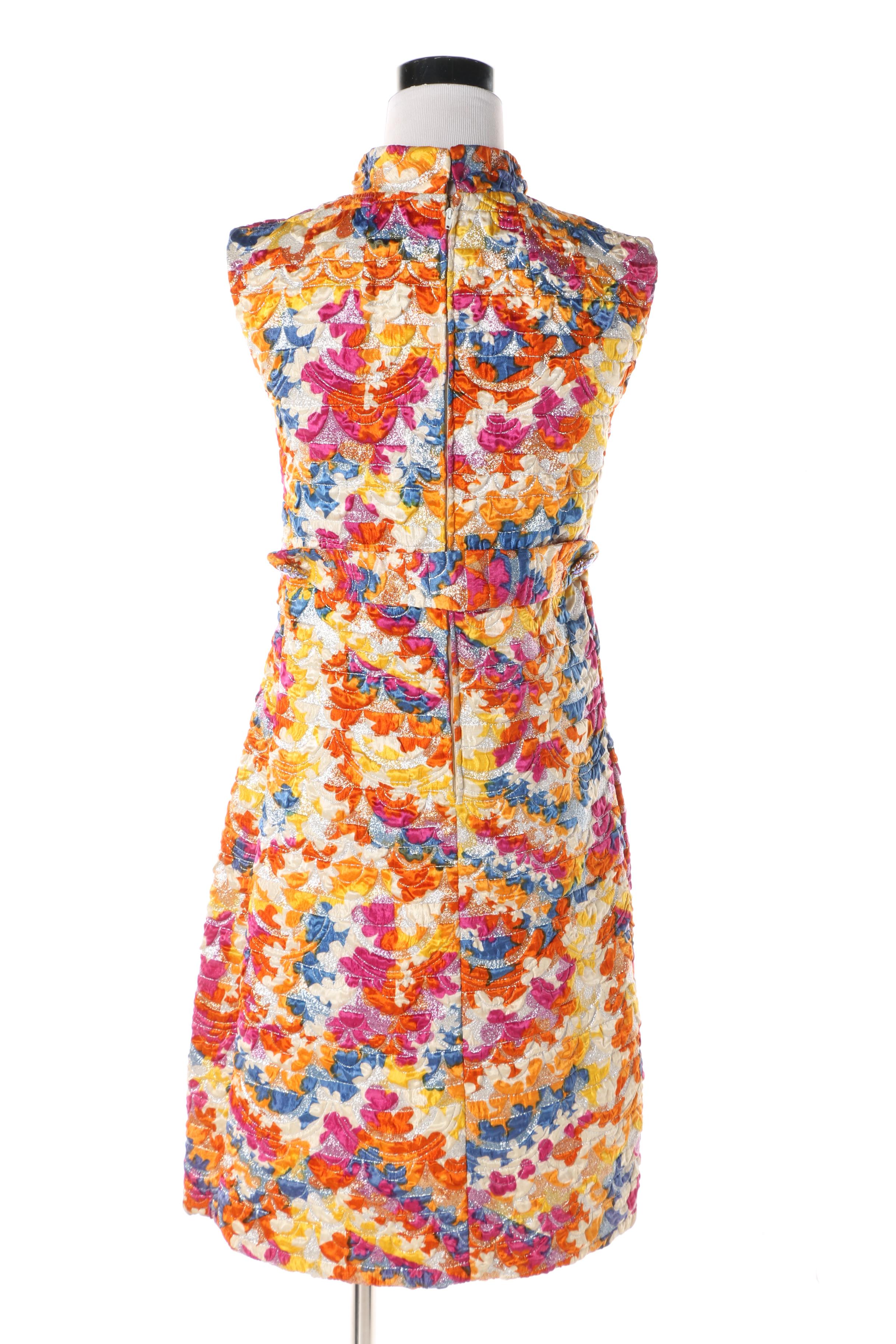 1960s Gino Charles Multicolored Cocktail Dress with Metallic Threading