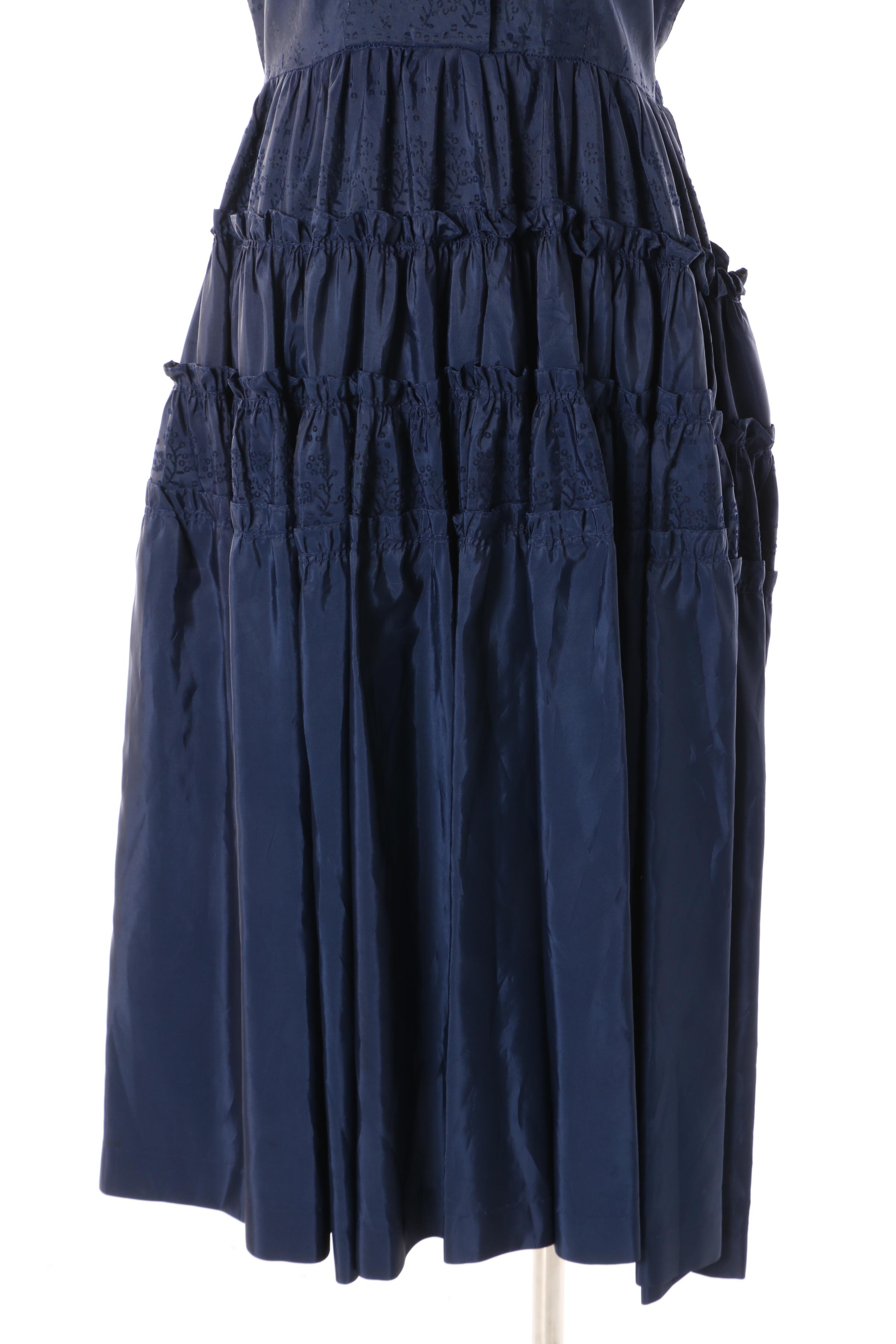 Women's 1940s Vintage Blue Satin Flocked Floral Tea Dress