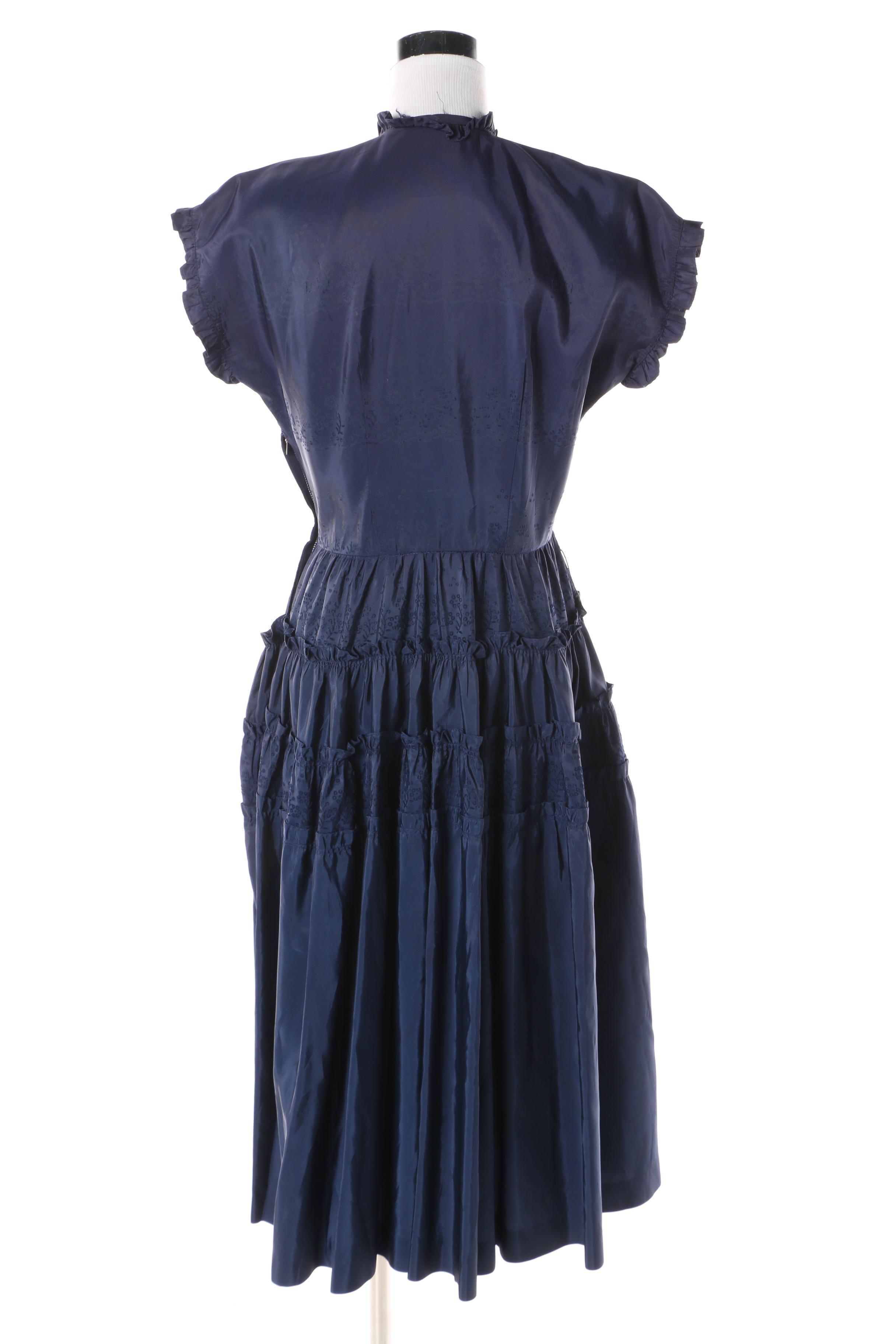 Women's 1940s Vintage Blue Satin Flocked Floral Tea Dress
