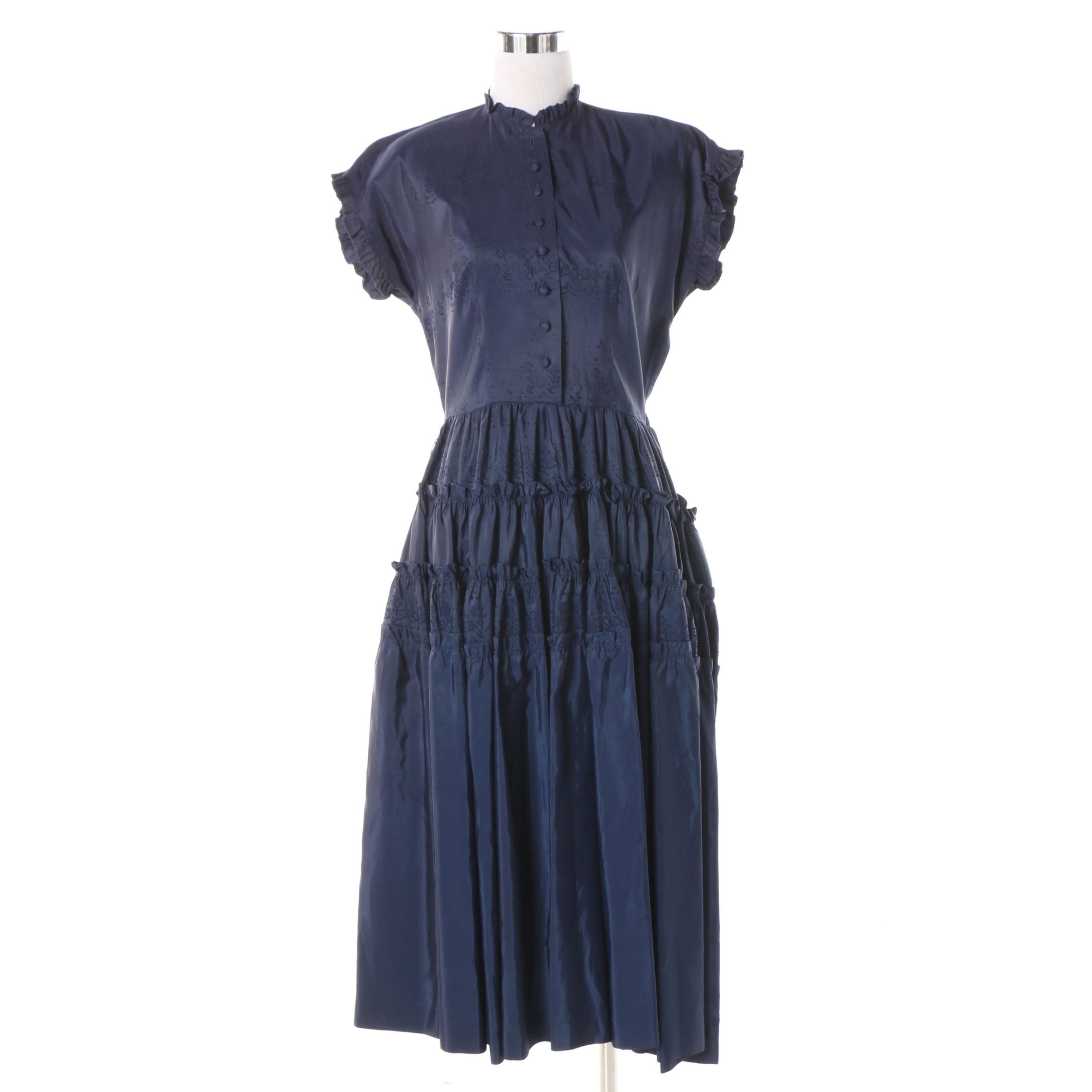 Women's 1940s Vintage Blue Satin Flocked Floral Tea Dress