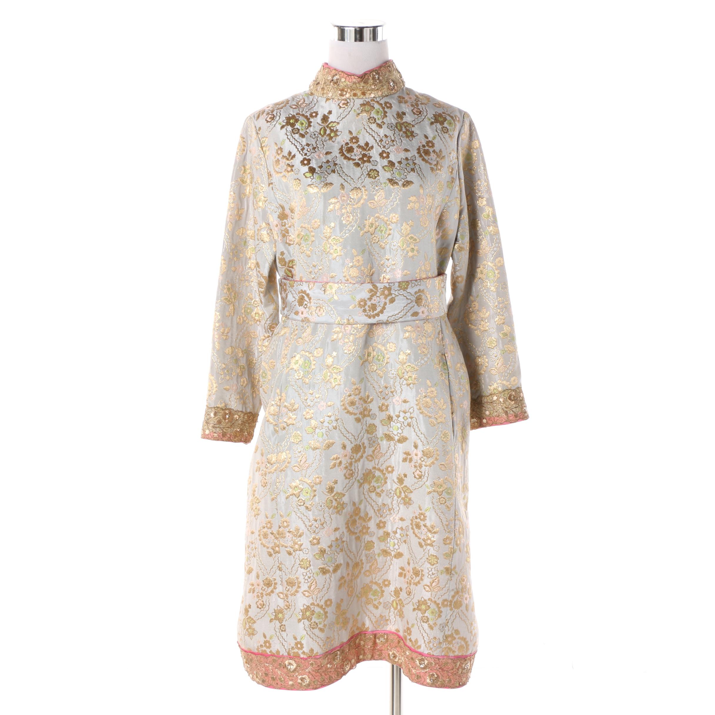 1960s Tina Leser Metallic Brocade Dress with Golden Embroidery