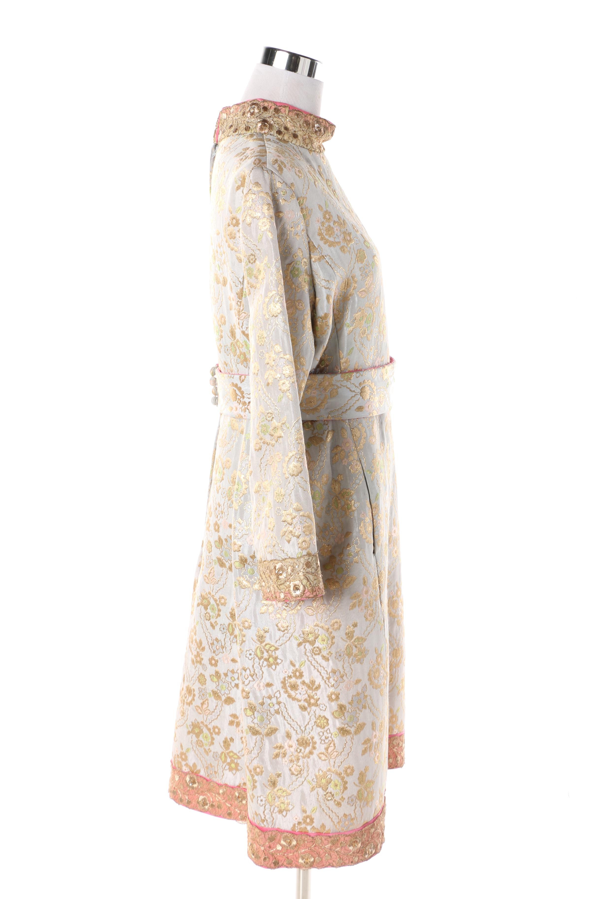 1960s Tina Leser Metallic Brocade Dress with Golden Embroidery