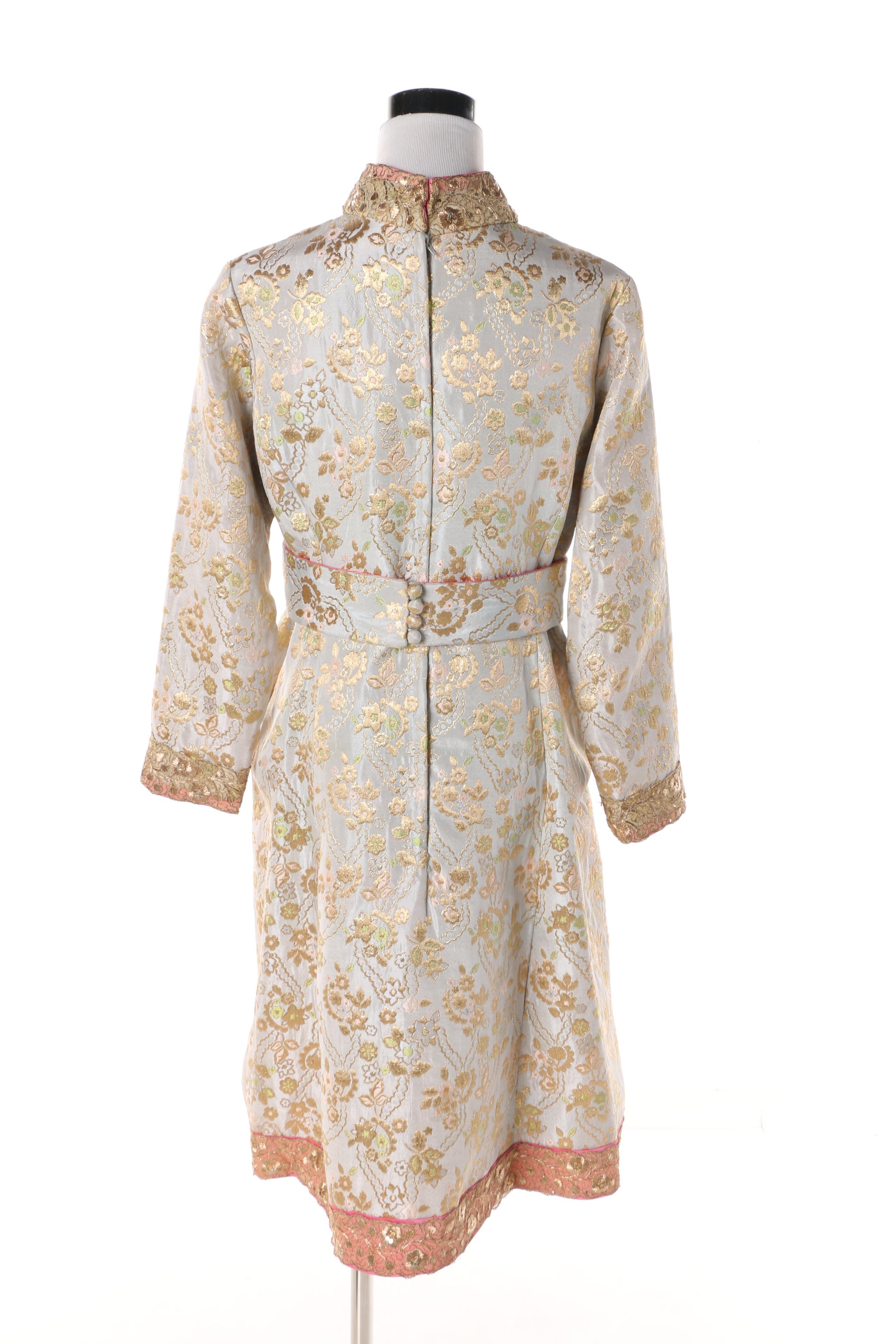 1960s Tina Leser Metallic Brocade Dress with Golden Embroidery