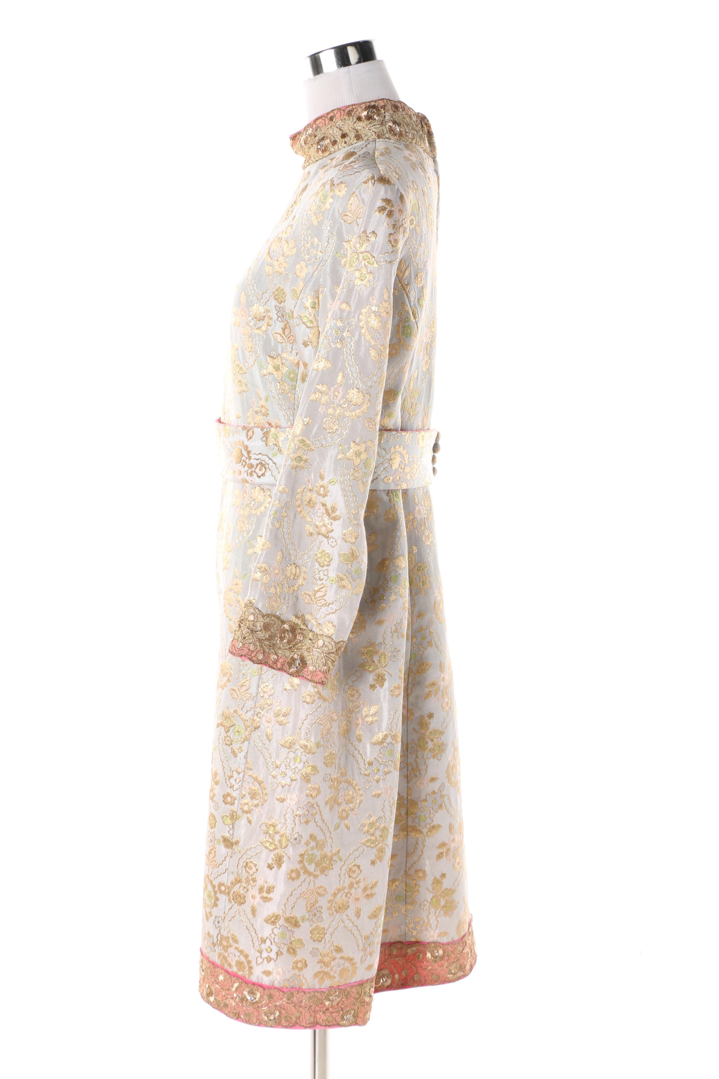 1960s Tina Leser Metallic Brocade Dress with Golden Embroidery
