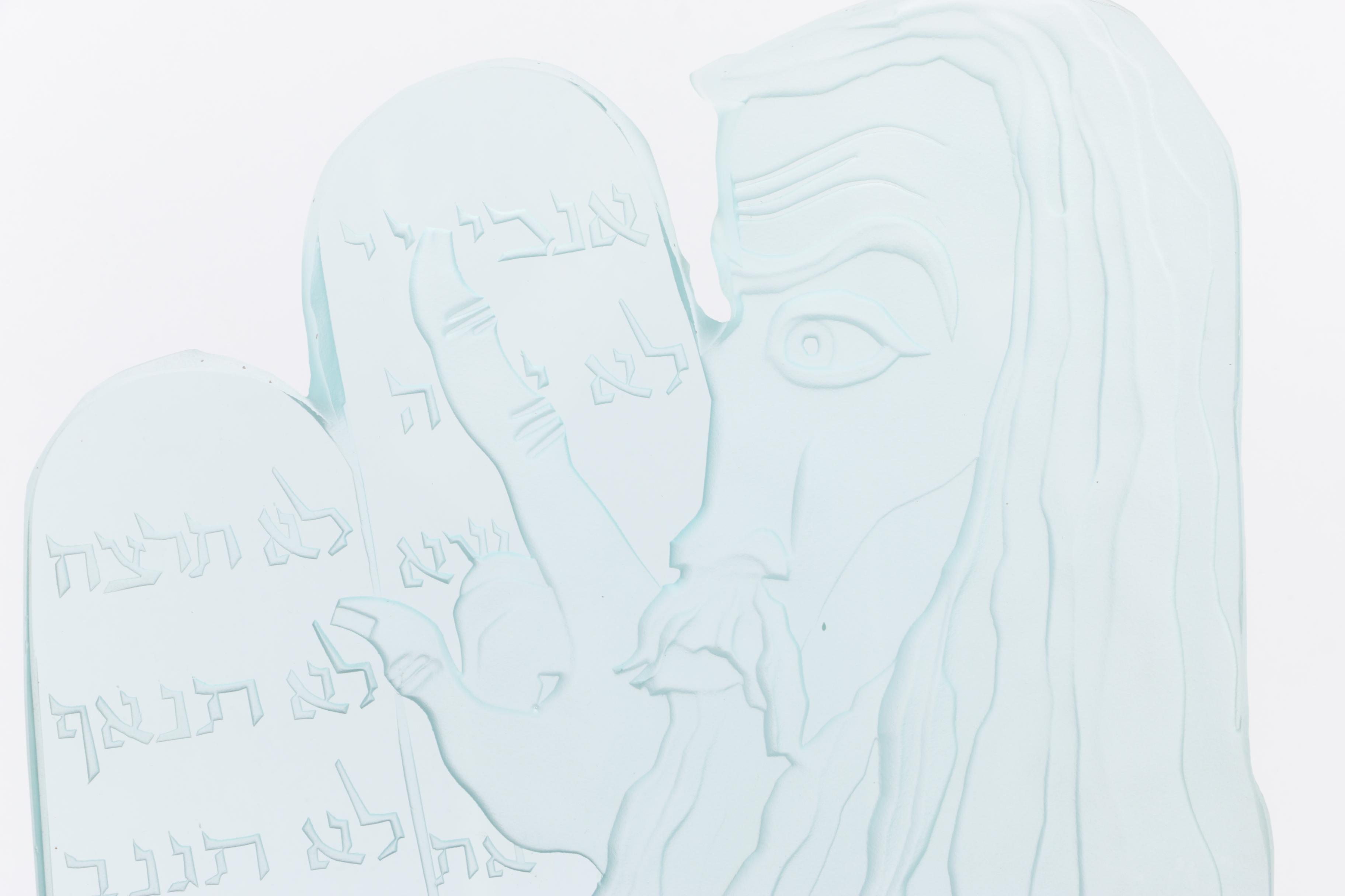 H. Perlman Illuminated Etched Glass Sculpture Depicting Moses with Tablets