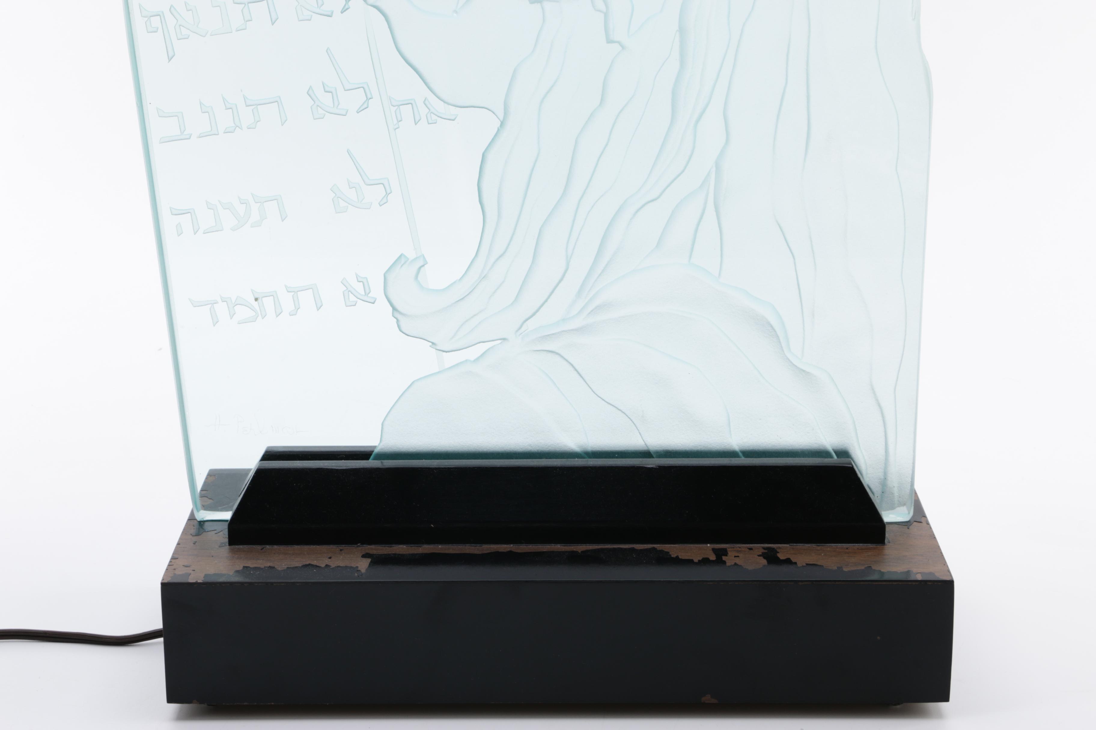 H. Perlman Illuminated Etched Glass Sculpture Depicting Moses with Tablets