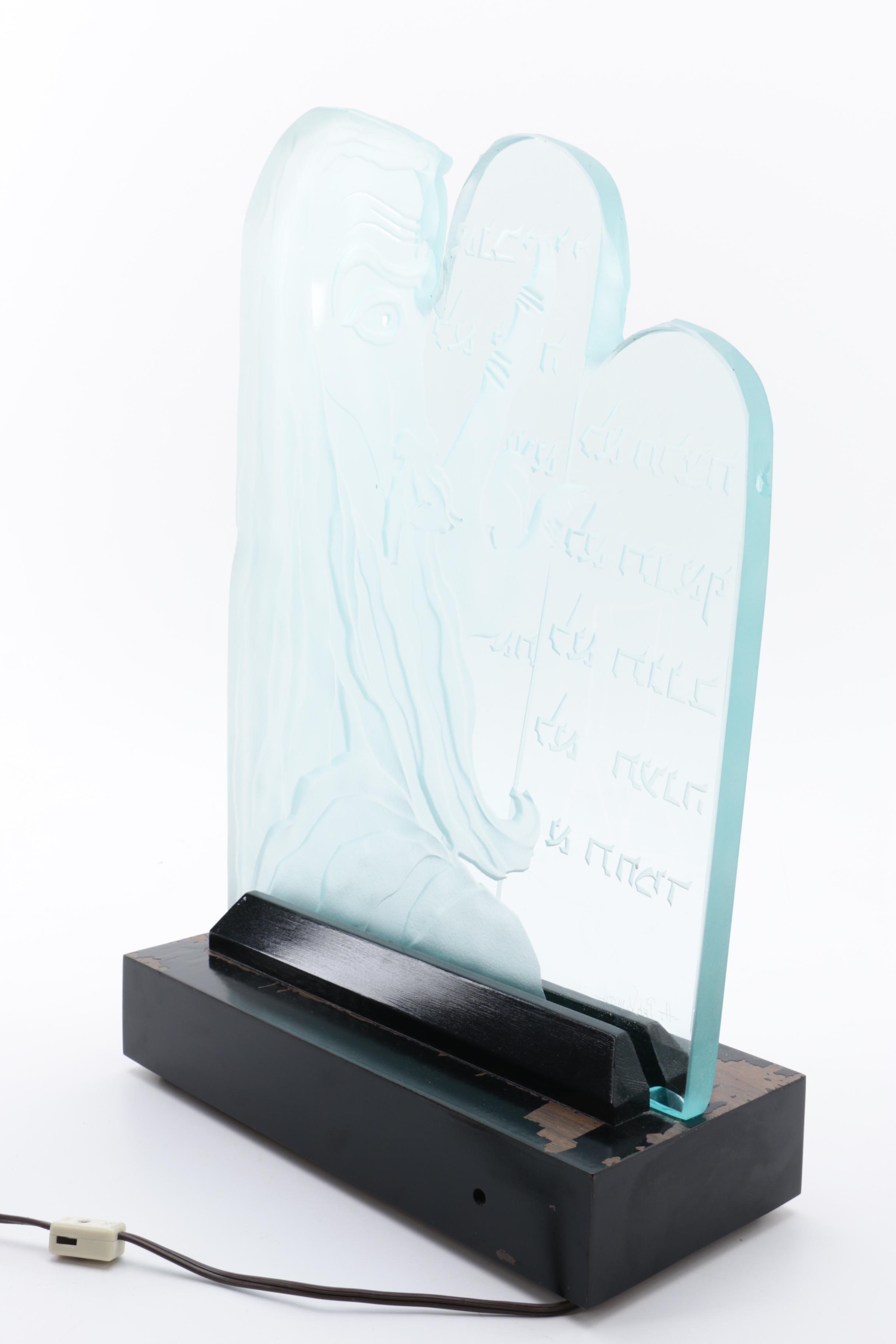 H. Perlman Illuminated Etched Glass Sculpture Depicting Moses with Tablets