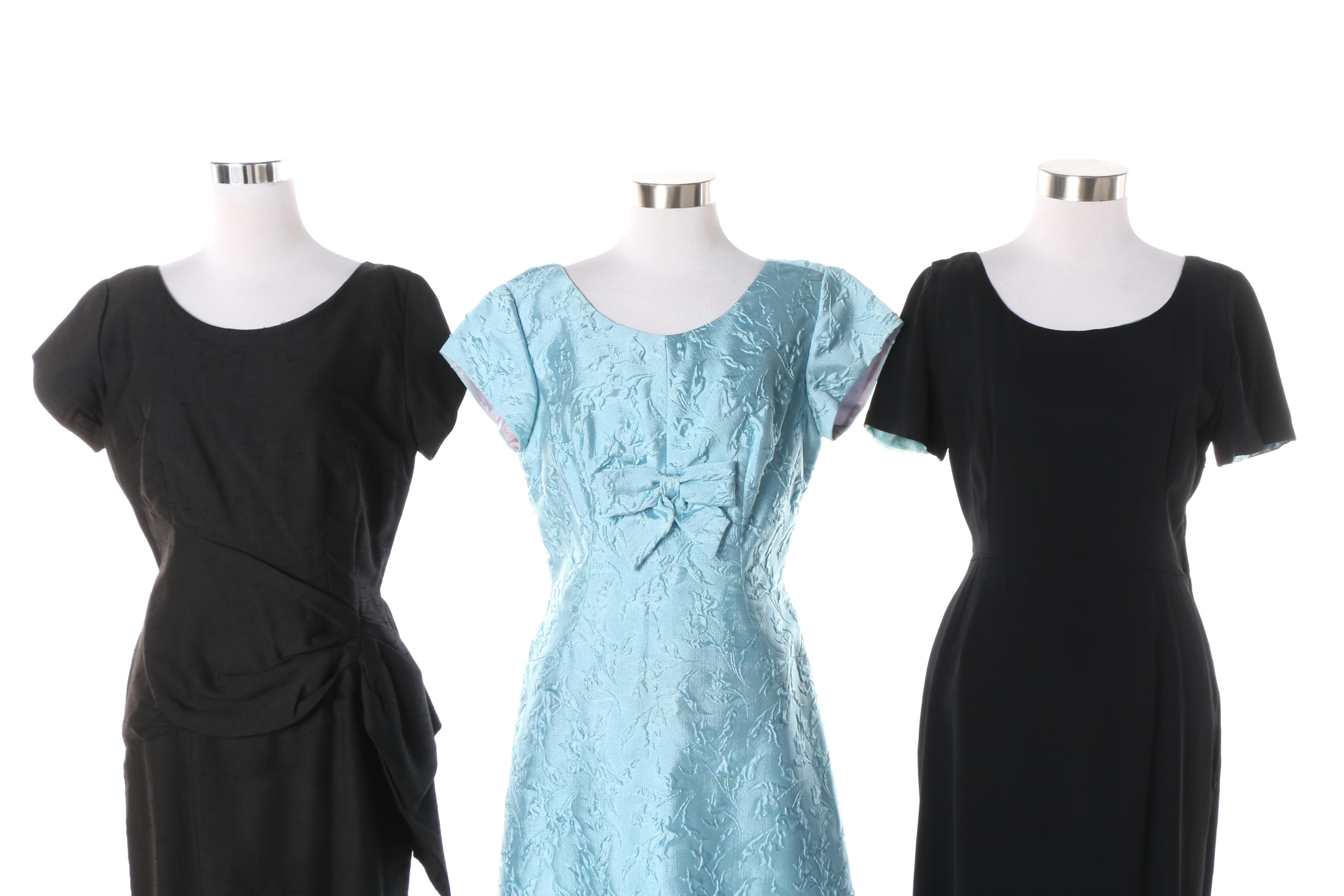 1950s Sky Blue Floral Pattern and Black Silk Cocktail Dresses