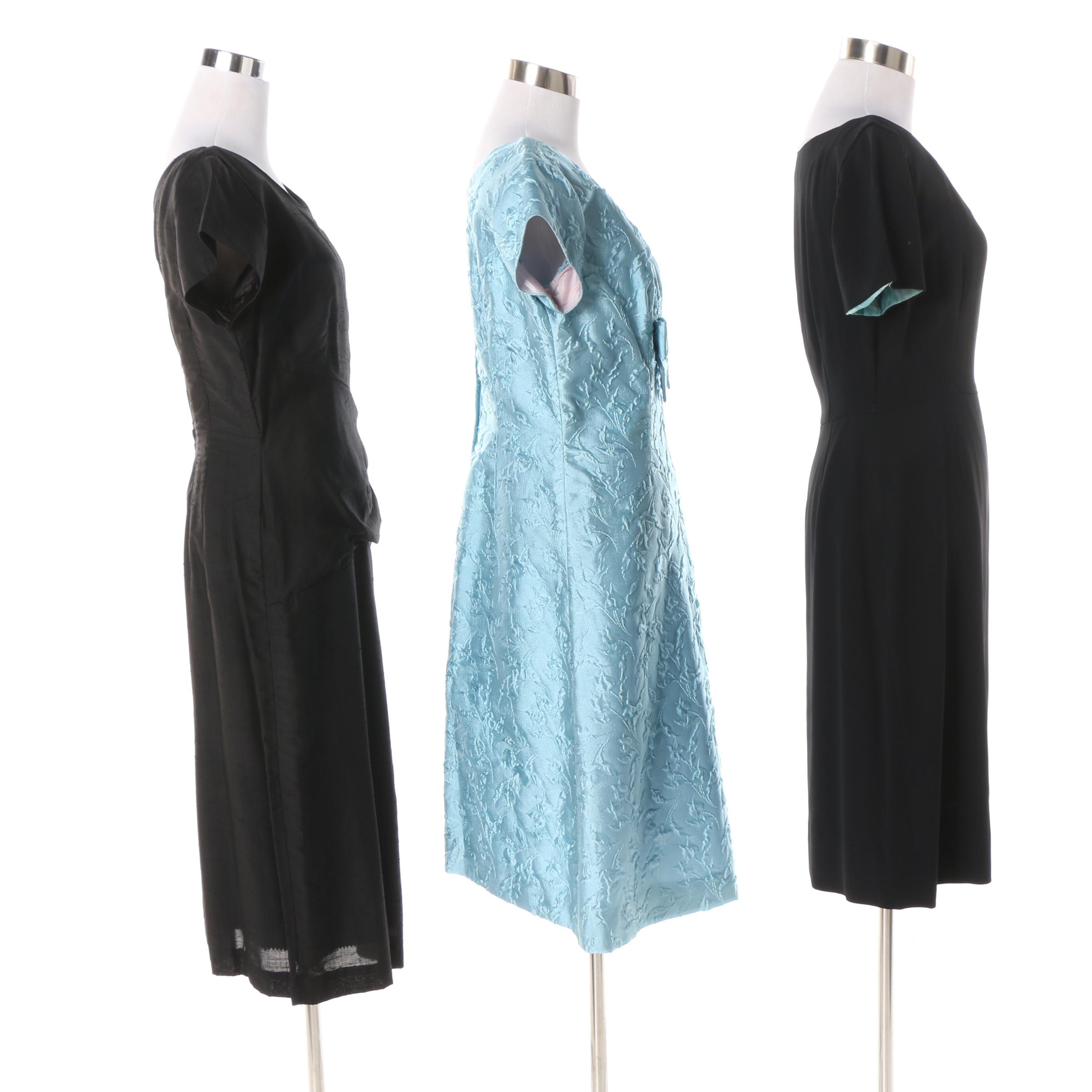 1950s Sky Blue Floral Pattern and Black Silk Cocktail Dresses