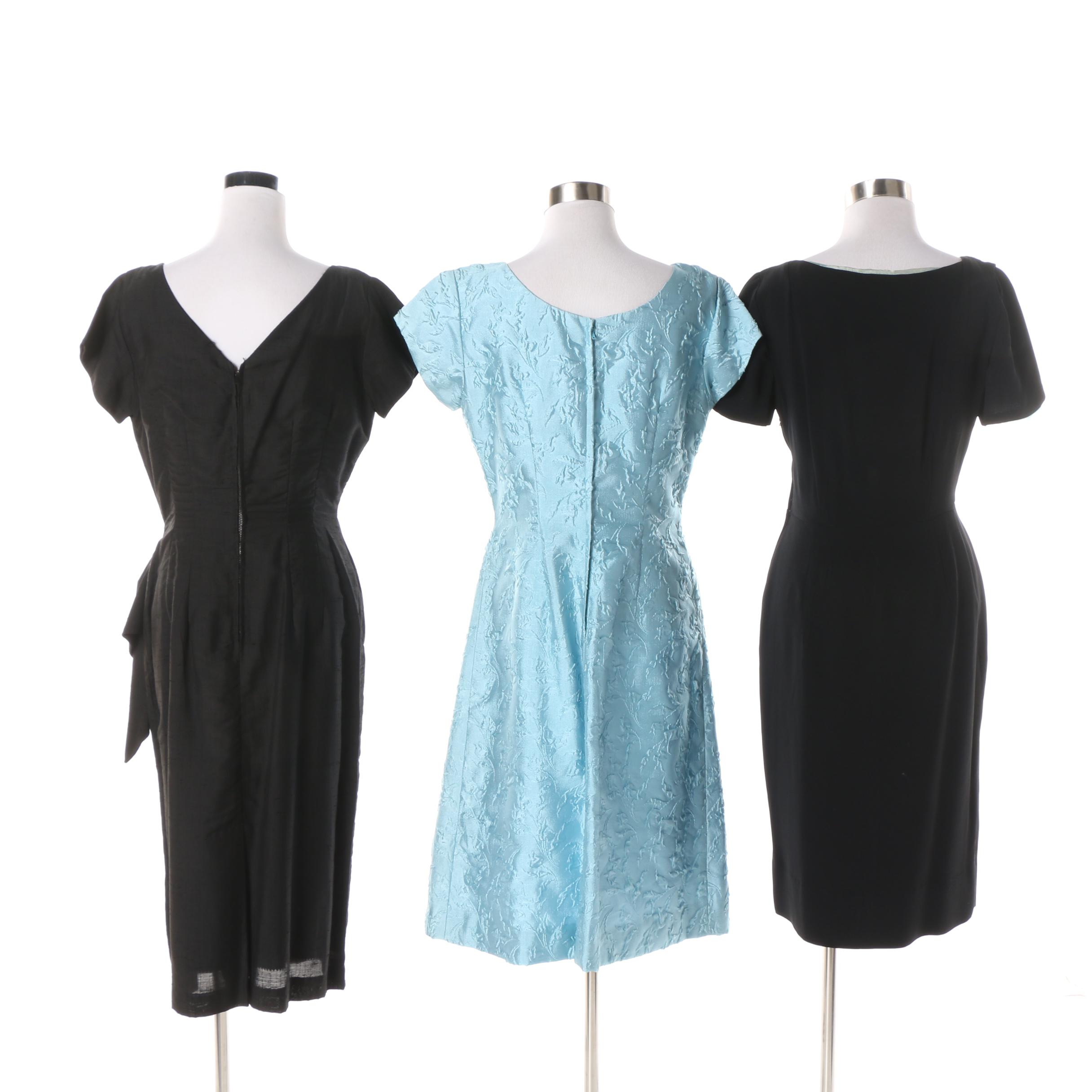 1950s Sky Blue Floral Pattern and Black Silk Cocktail Dresses