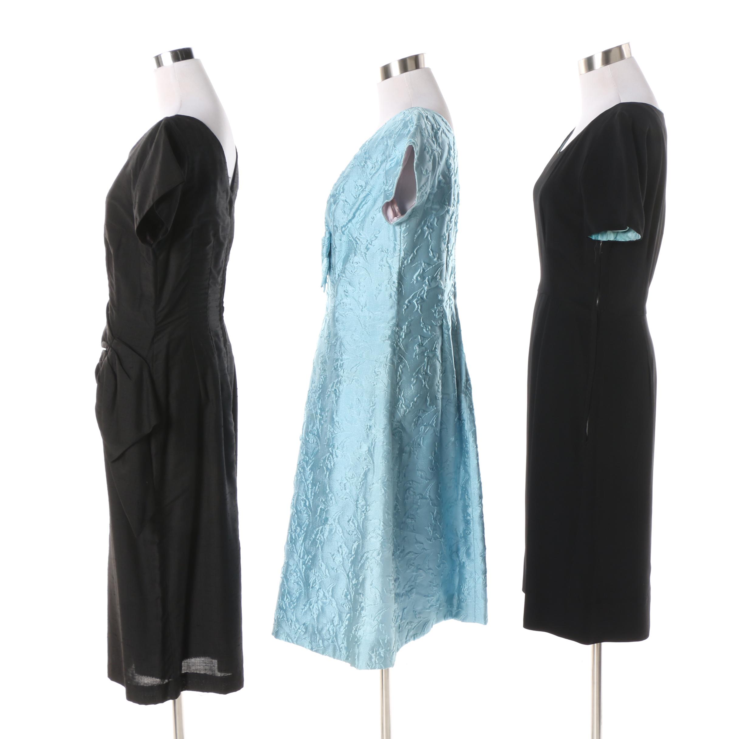 1950s Sky Blue Floral Pattern and Black Silk Cocktail Dresses