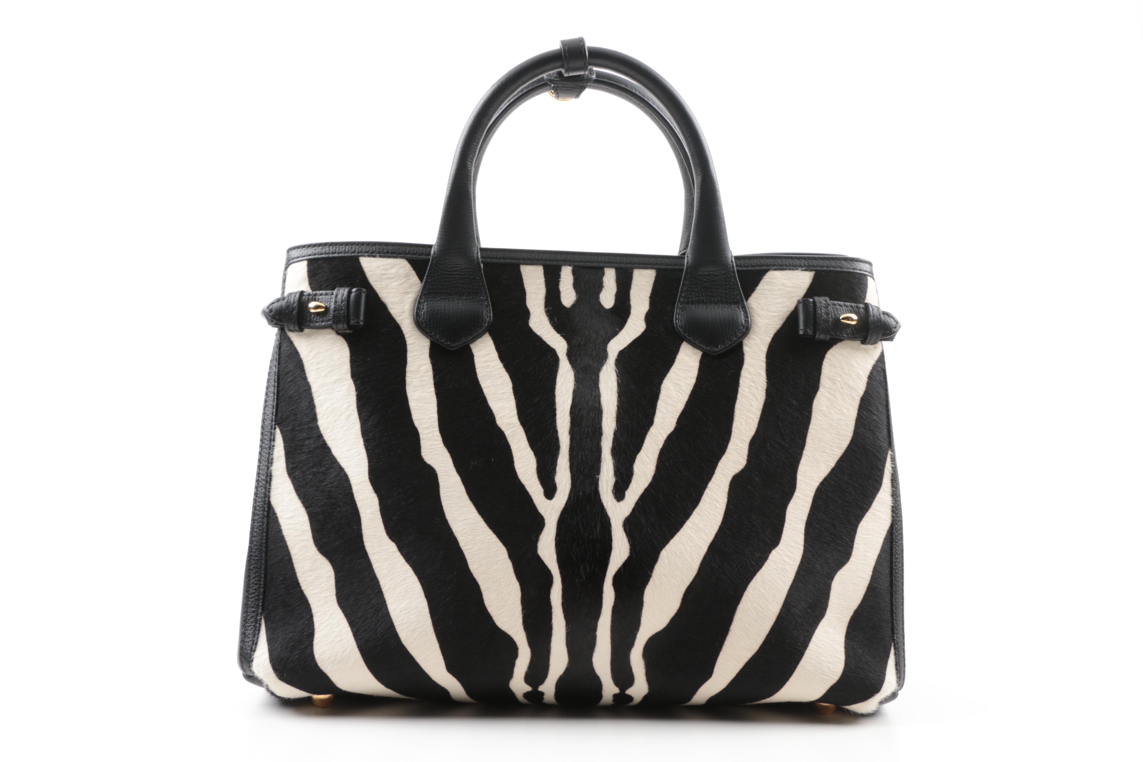 Burberry Medium Banner Zebra Printed Genuine Calf Hair Tote