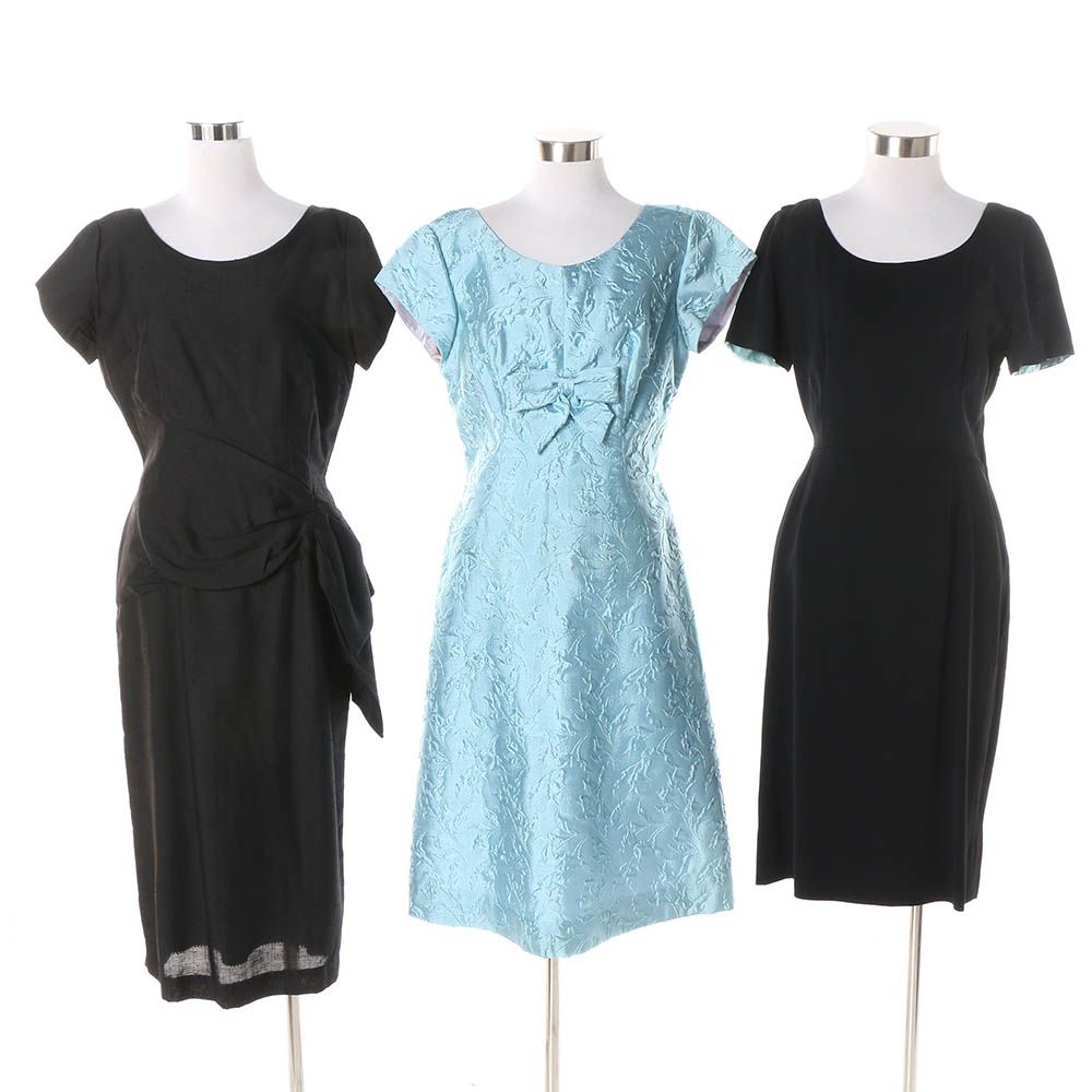 1950s Sky Blue Floral Pattern and Black Silk Cocktail Dresses