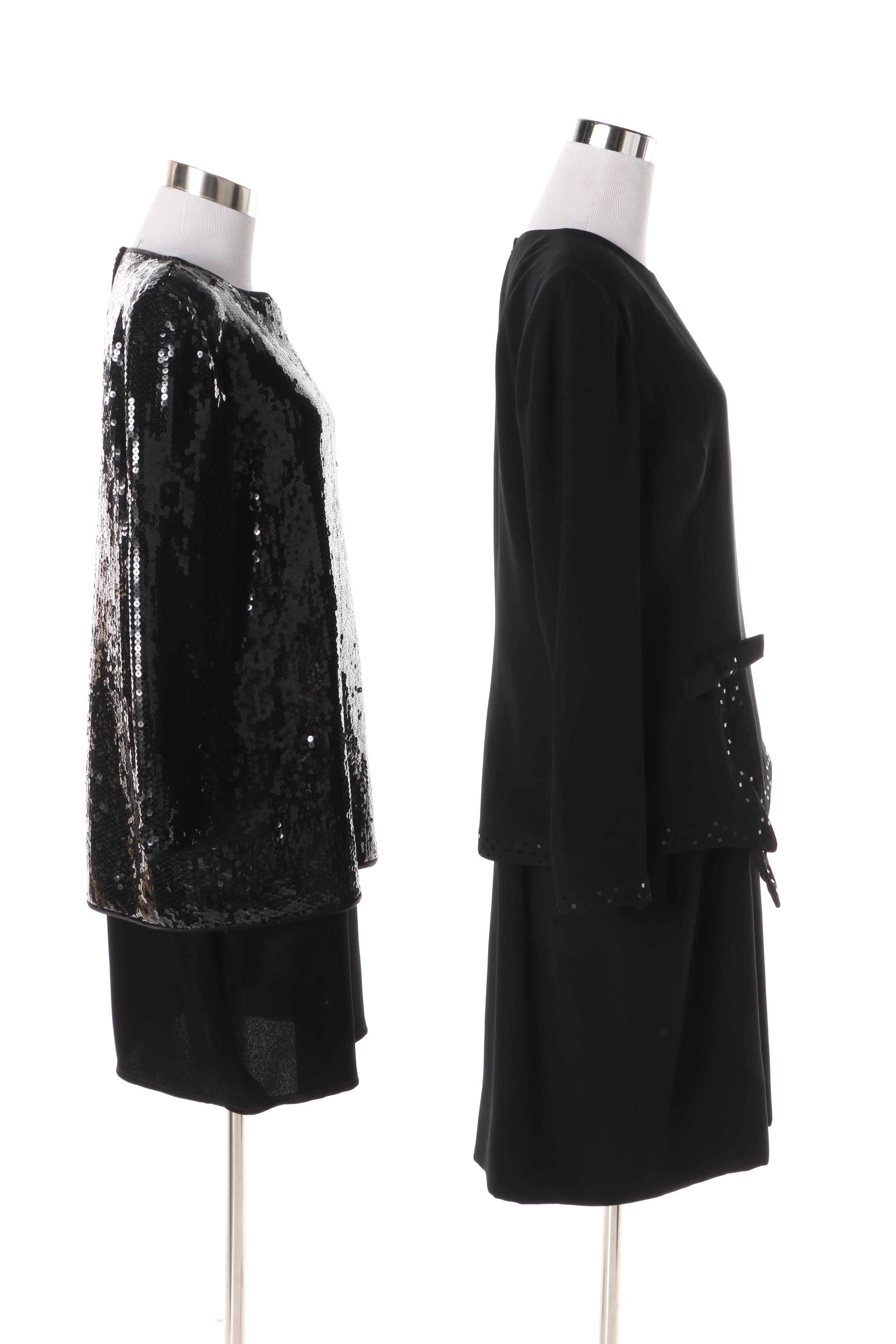 1980s Travilla and Tom and Linda Platt Black Silk and Sequin Cocktail Dresses