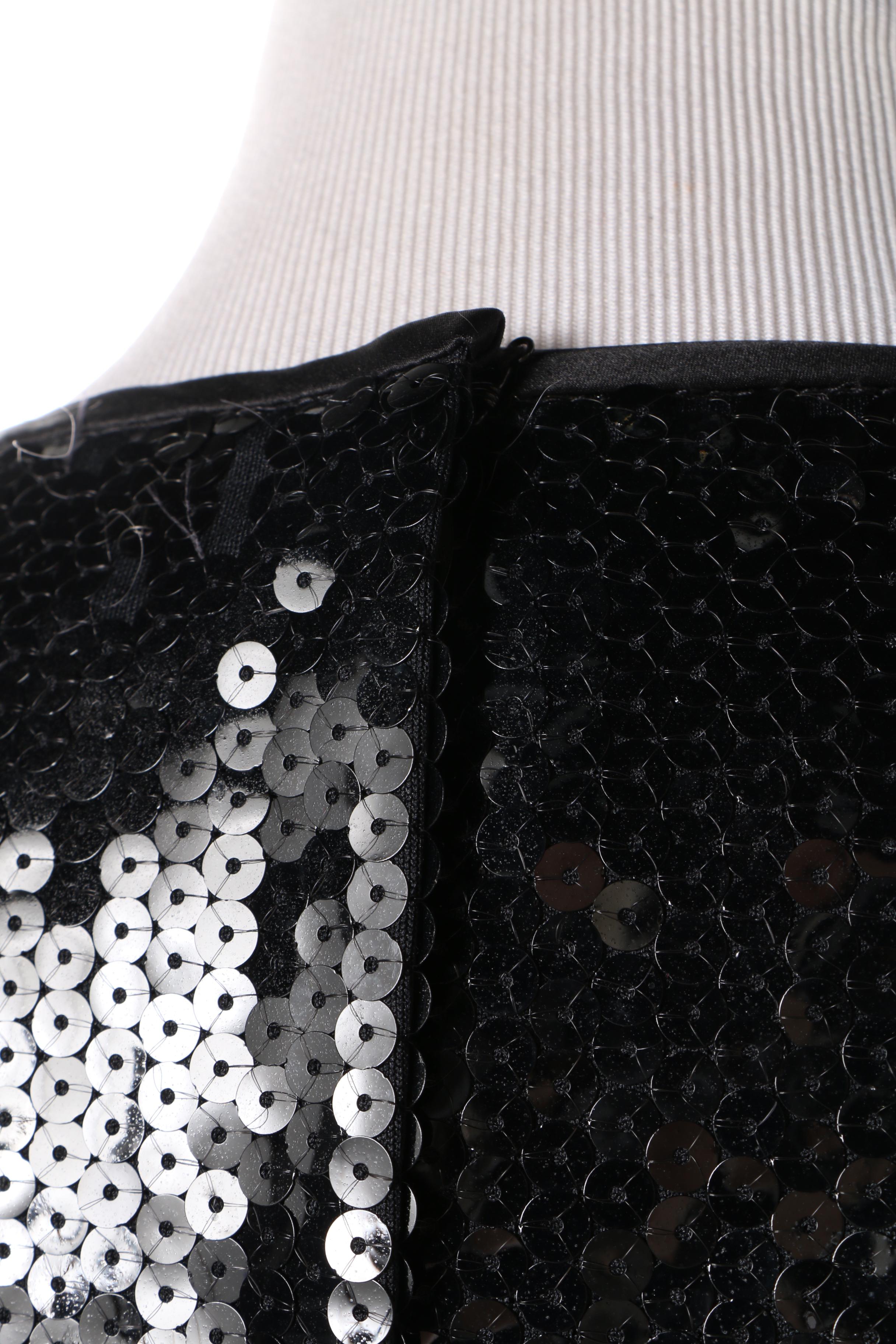 1980s Travilla and Tom and Linda Platt Black Silk and Sequin Cocktail Dresses