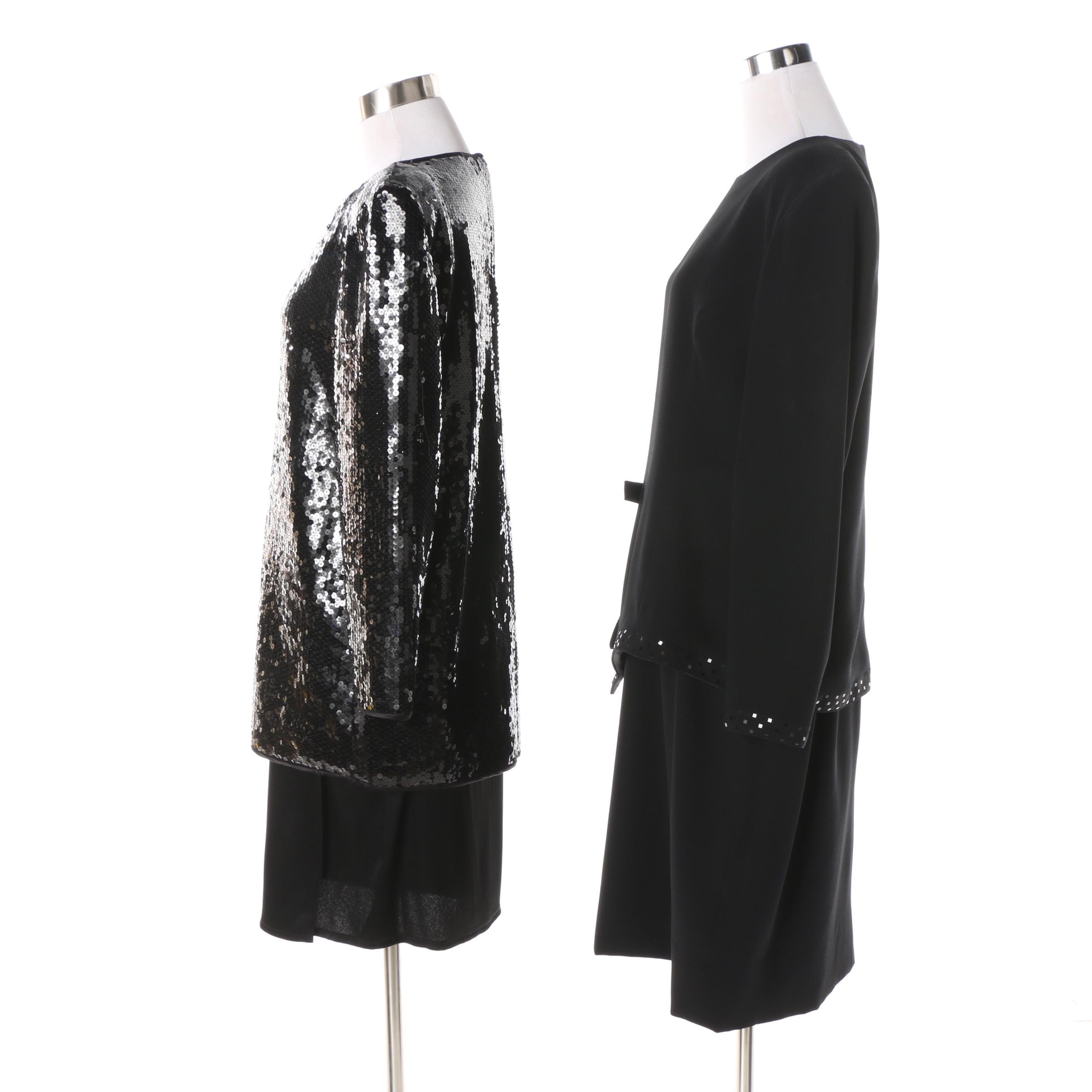 1980s Travilla and Tom and Linda Platt Black Silk and Sequin Cocktail Dresses