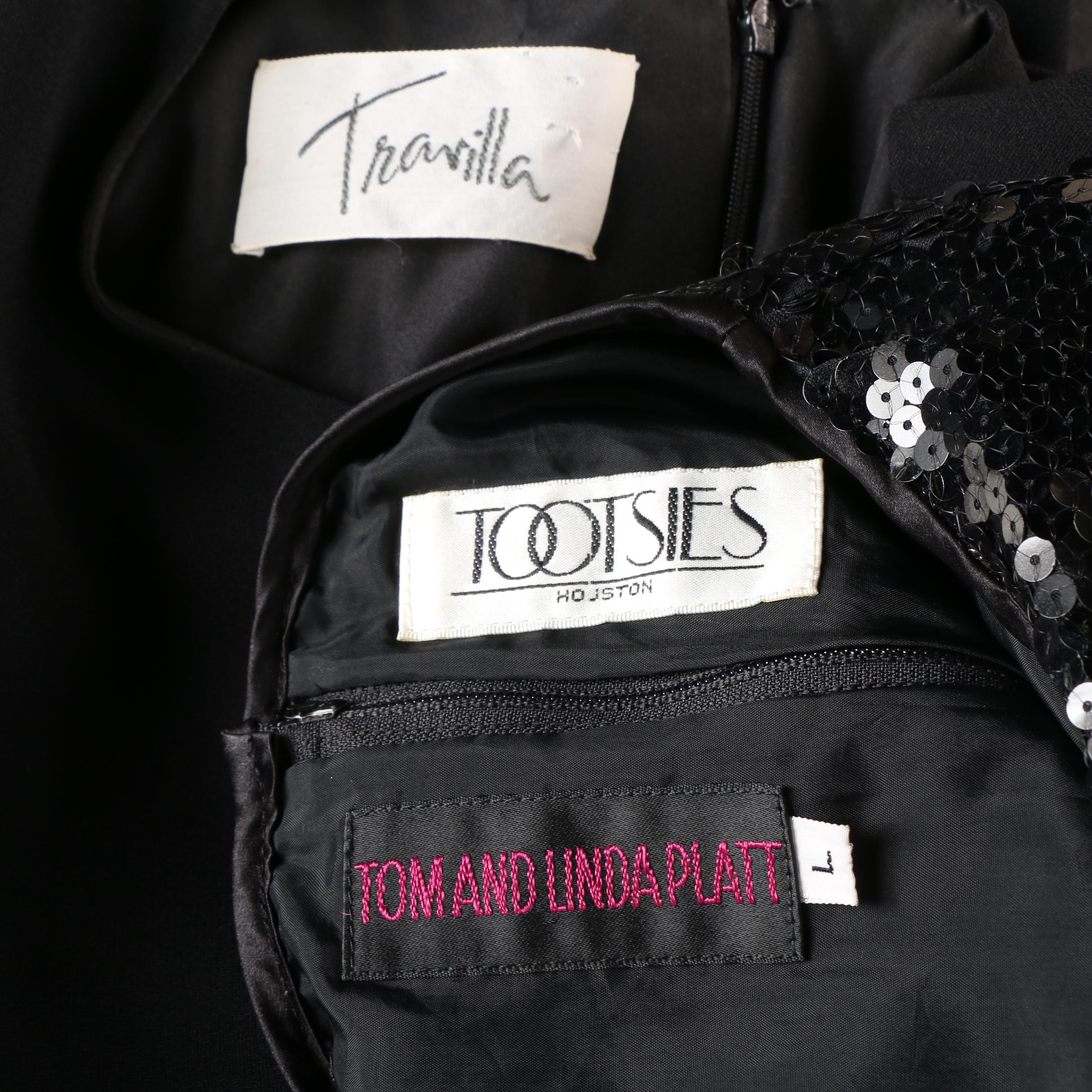 1980s Travilla and Tom and Linda Platt Black Silk and Sequin Cocktail Dresses