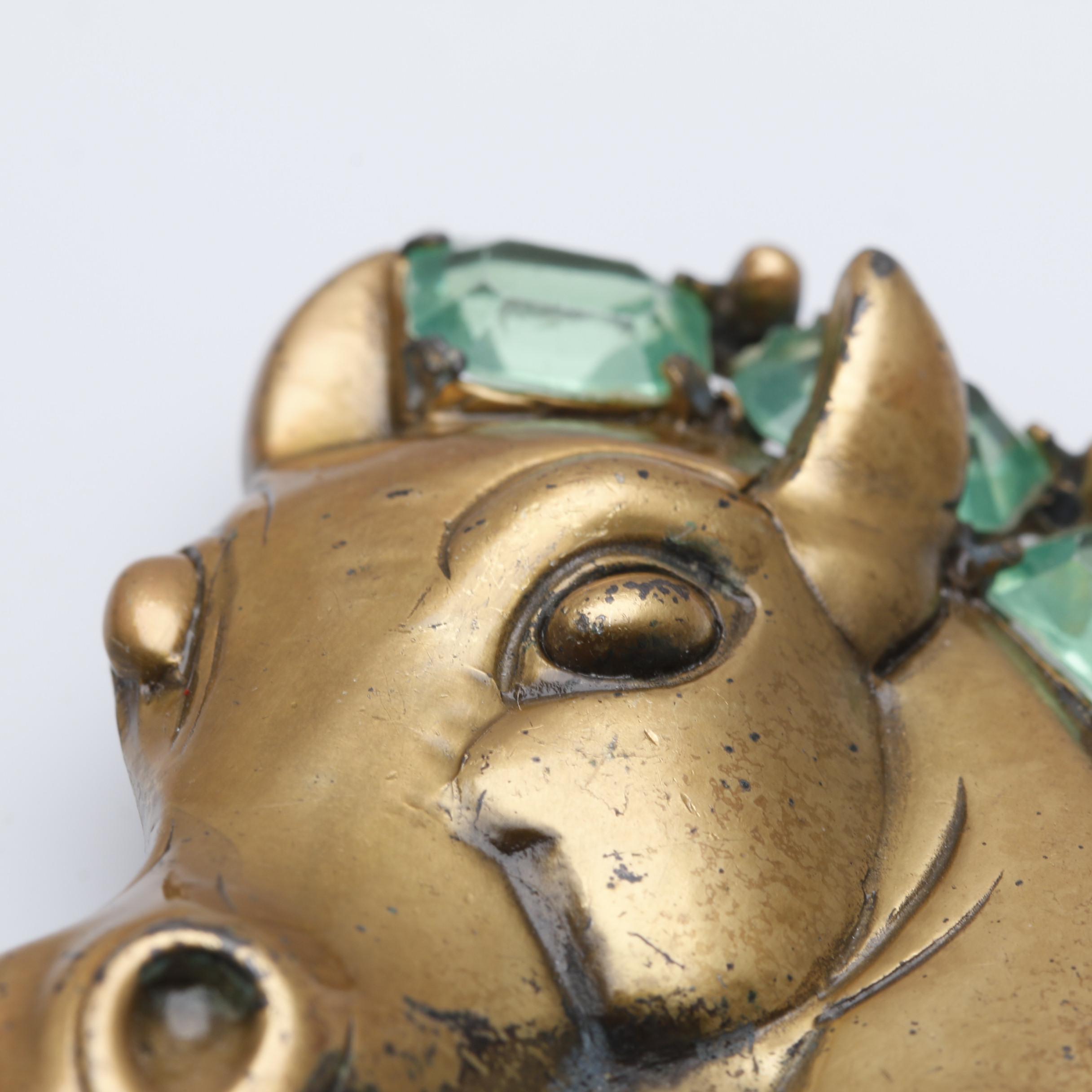 1940s Equestrian Horse Head Brooch with Green Emerald Cut Rhinestone Mane